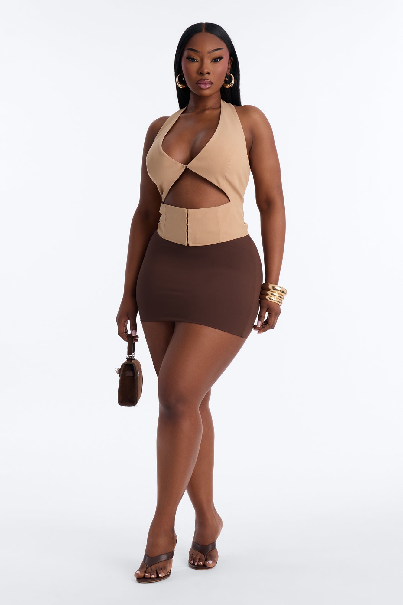 Callie Cut Out Twill Halter Top - Taupe