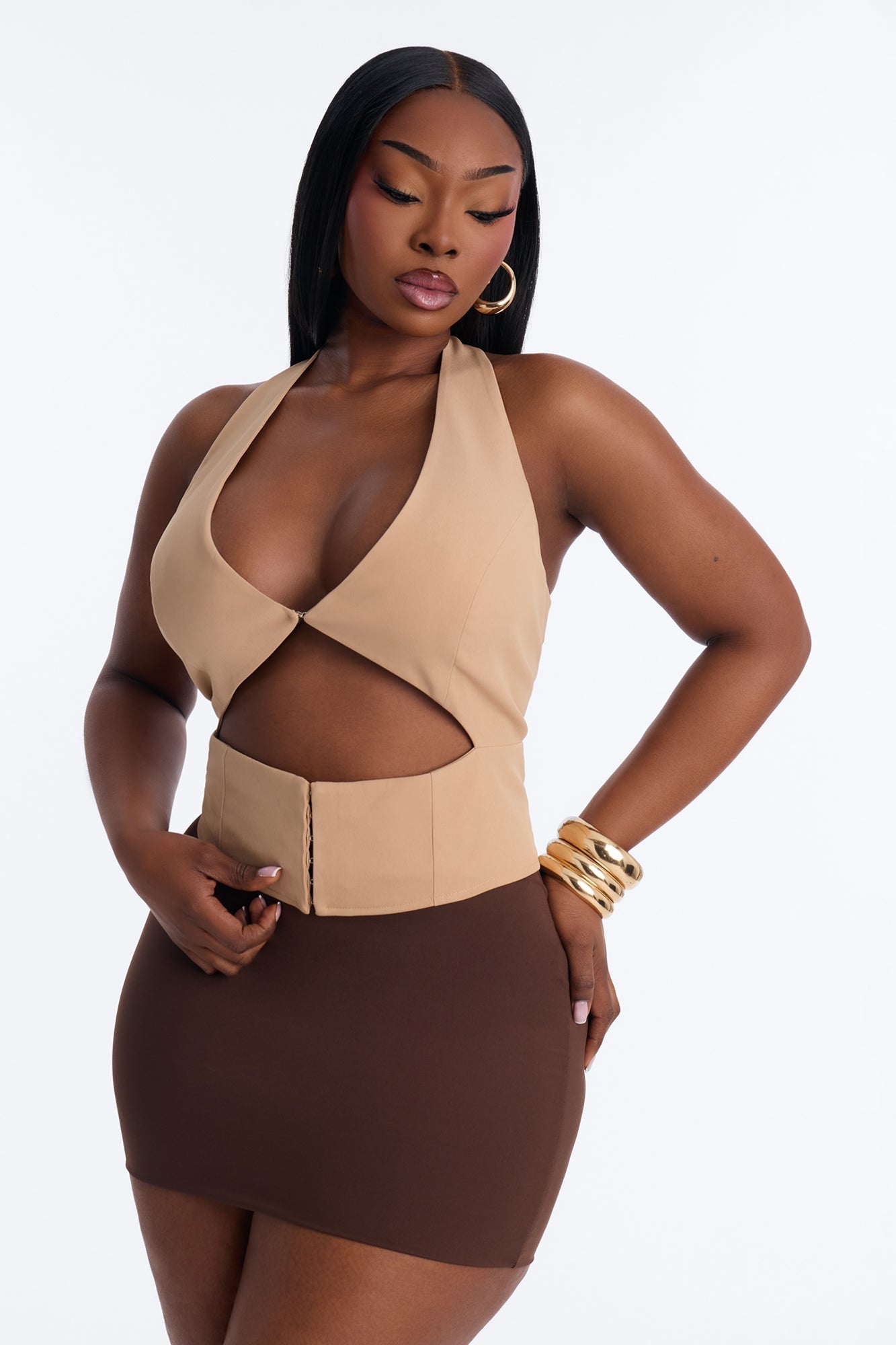 Callie Cut Out Twill Halter Top - Taupe