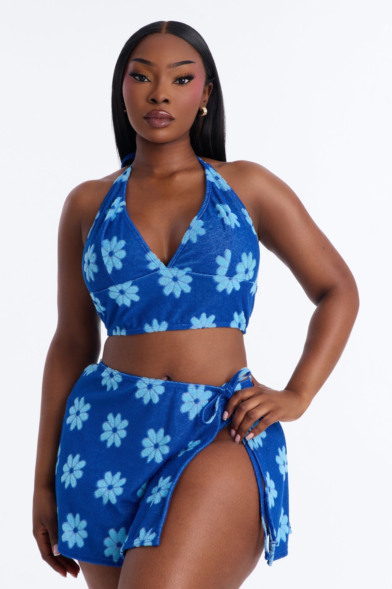 Janie Flower Terry 3 Piece Bikini & Skirt Set - Blue/combo