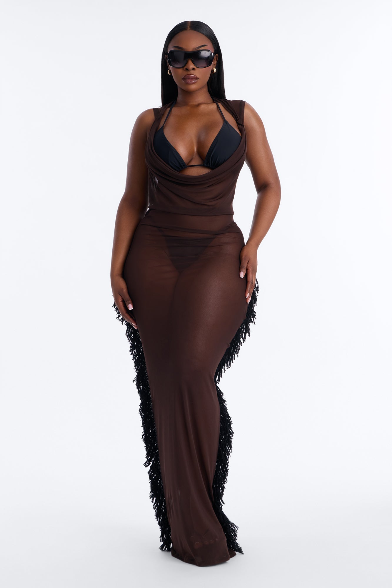 Keep Cool Fringe Hooded Mesh Cover Up Maxi Dress - Chocolate