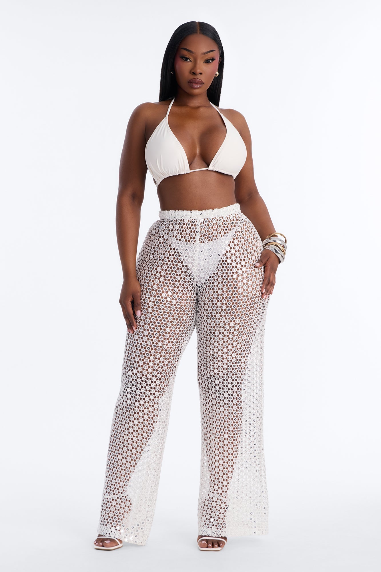 Zuri Low Rise Crochet Sequin Wide Leg Pant - White NEWFASHIONEDGE