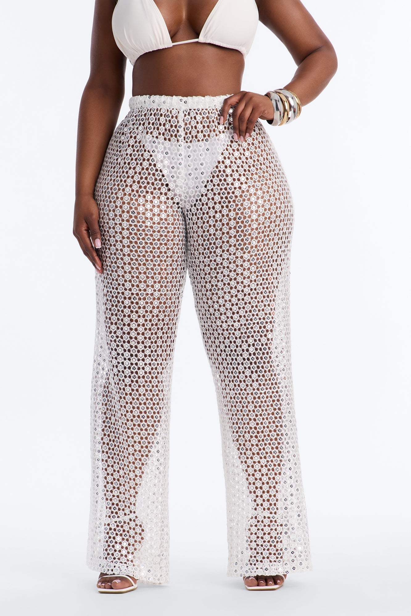 Zuri Low Rise Crochet Sequin Wide Leg Pant - White NEWFASHIONEDGE