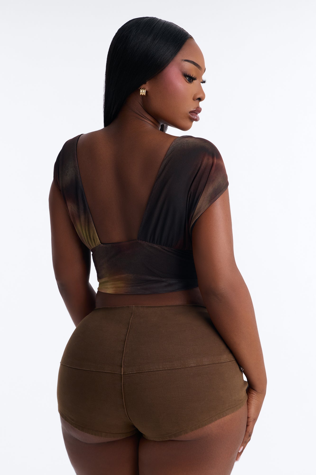 Lori Deep V-Neck Mesh Cropped Top - Brown/combo Fashion Nova