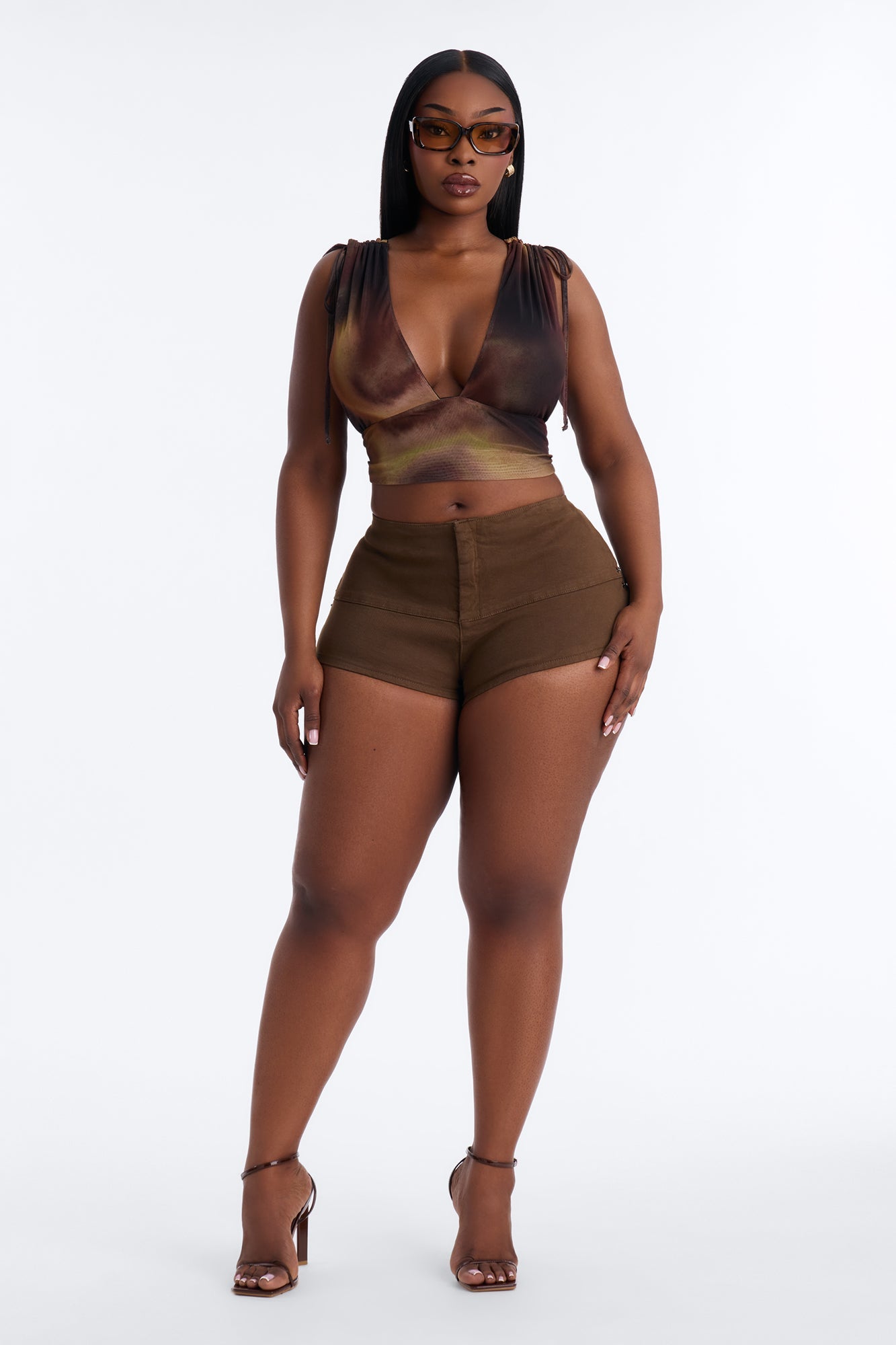 Lori Deep V-Neck Mesh Cropped Top - Brown/combo Fashion Nova