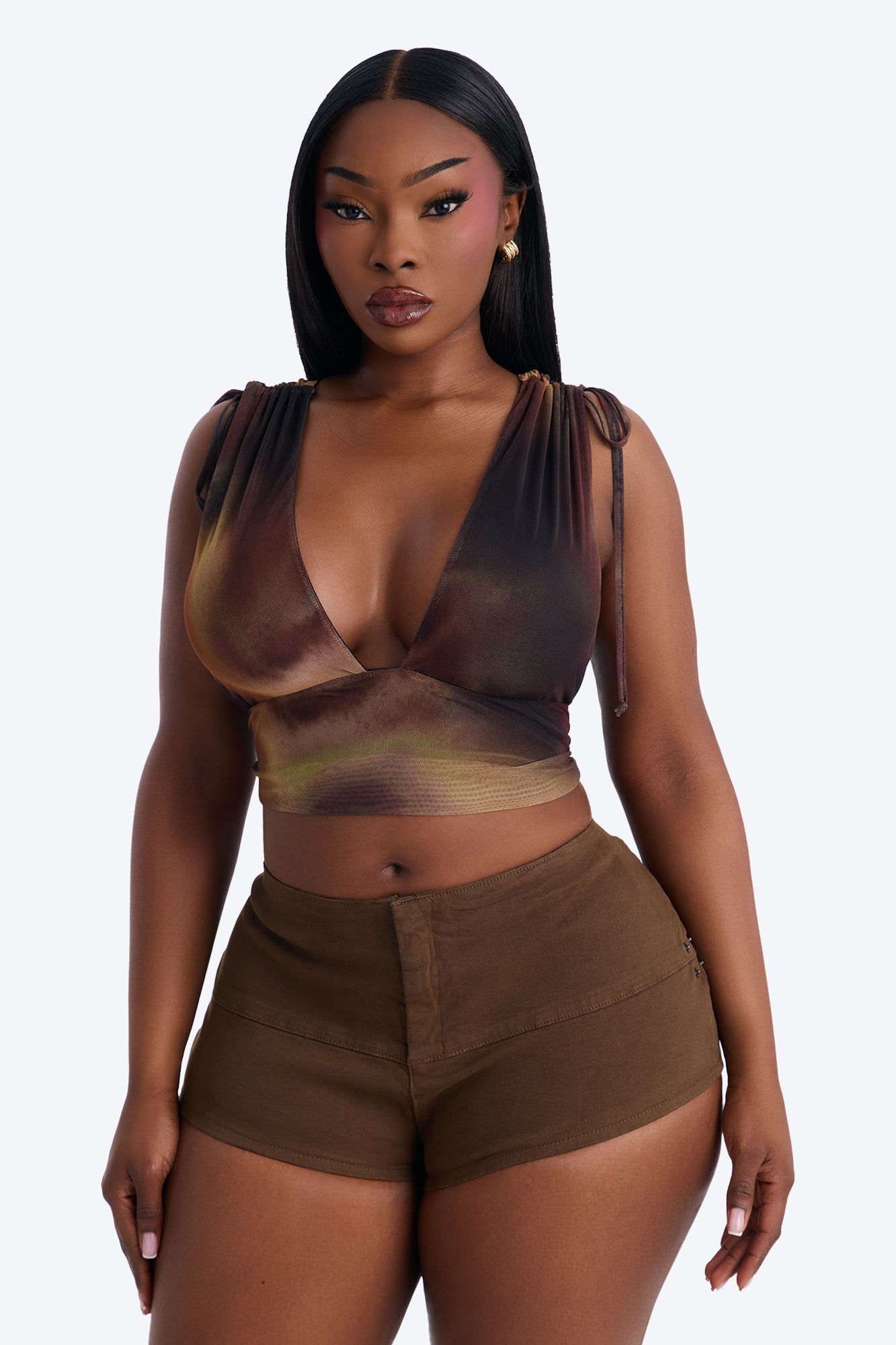 Lori Deep V-Neck Mesh Cropped Top - Brown/combo Fashion Nova