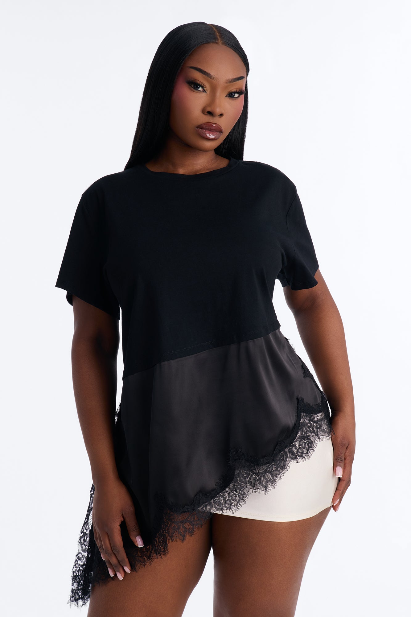 Mia Long Asymmetrical Lace Trim Short Sleeve T-Shirt - Black