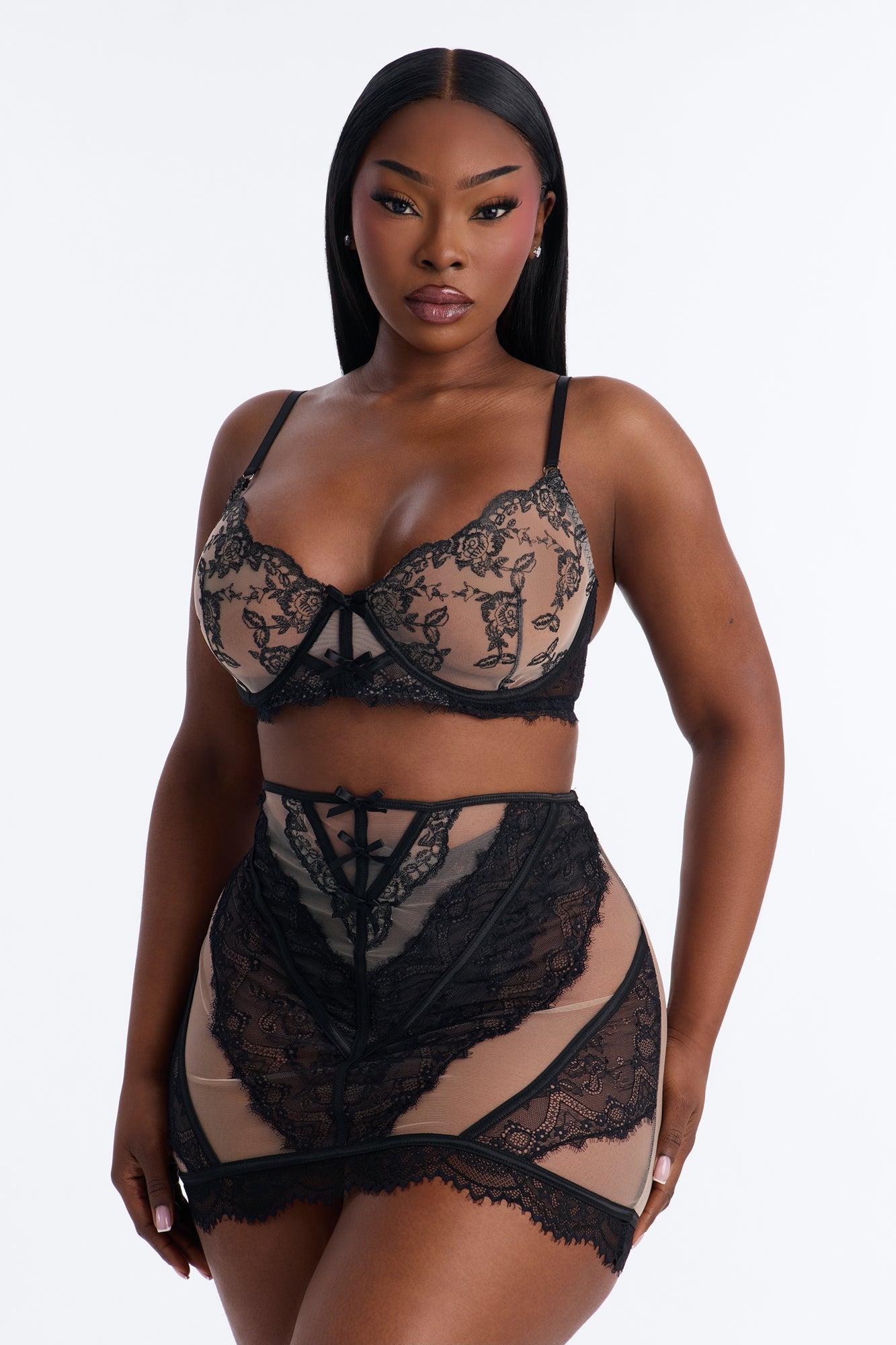 Kaira Lace 3 Piece Bra And Panty Skirt Set - Black