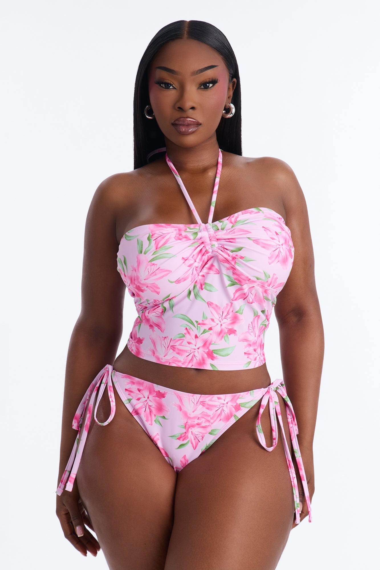 Paloma Floral 2 Piece Bandeau Tankini Bikini Set - Pink/combo