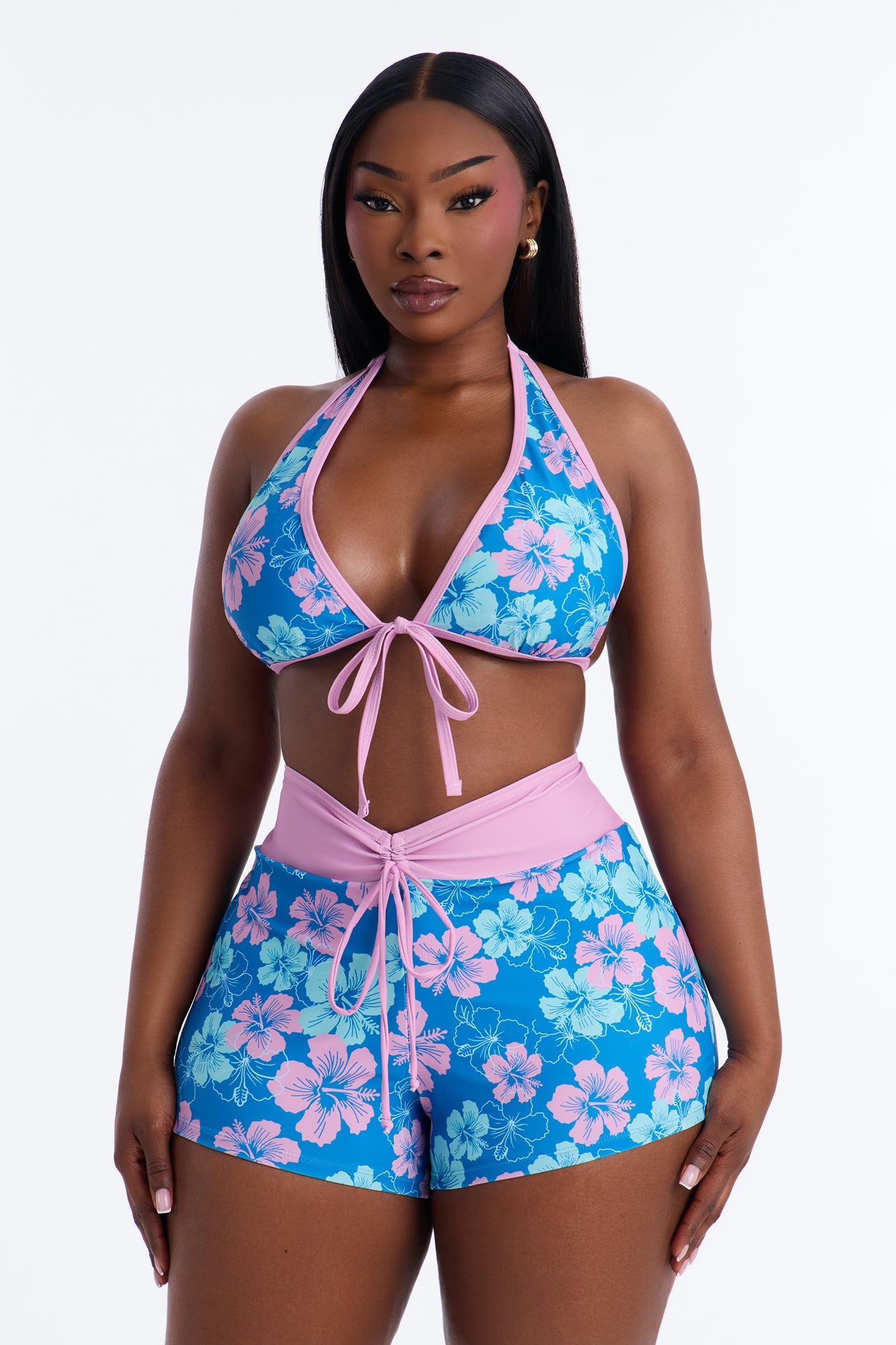 Alana Floral 3 Piece Halter Bikini & Short Sunsuit - Turquoise/combo