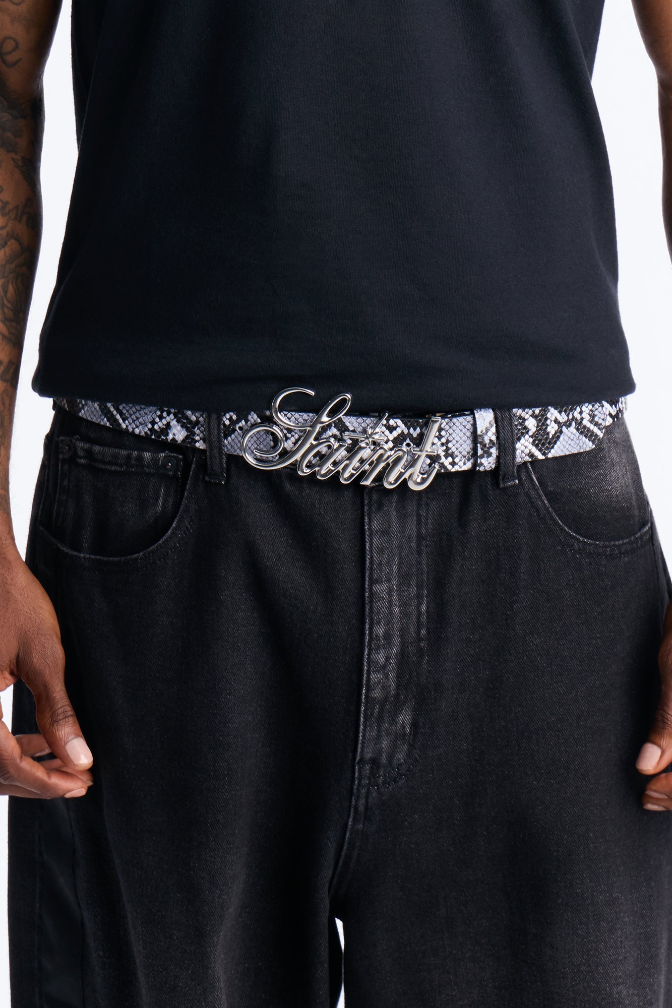 Saint Script Snake Buckle Belt - Grey