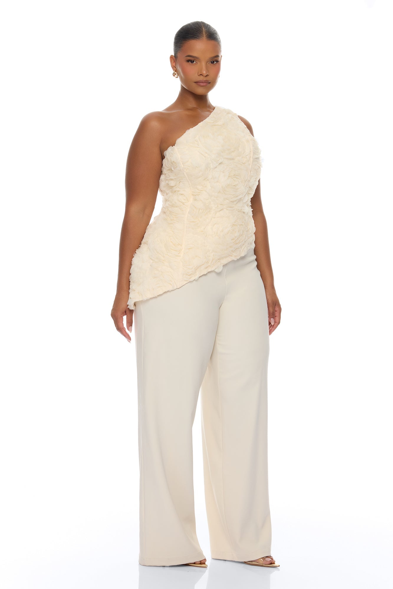 Daphne One Shoulder Corset Pant Set - Cream NEWFASHIONEDGE