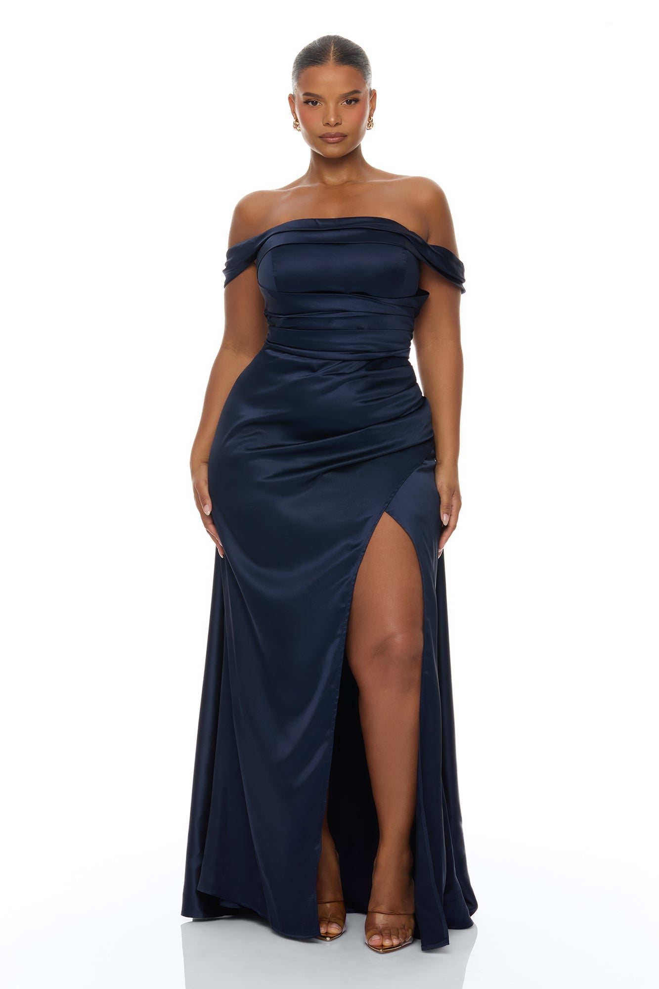 Grayson Off Shoulder Satin Maxi Dress - Navy