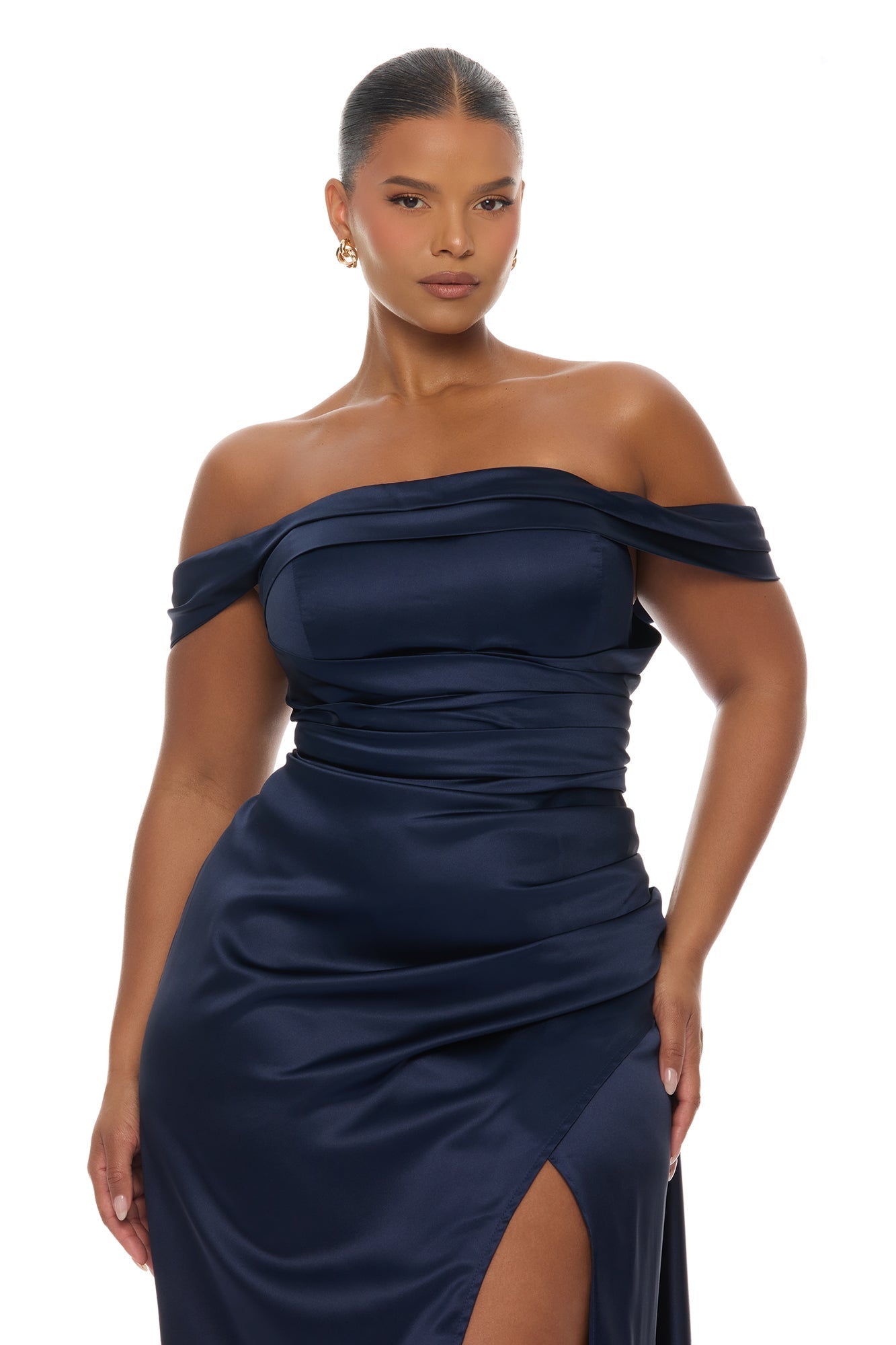 Grayson Off Shoulder Satin Maxi Dress - Navy NEWFASHIONEDGE