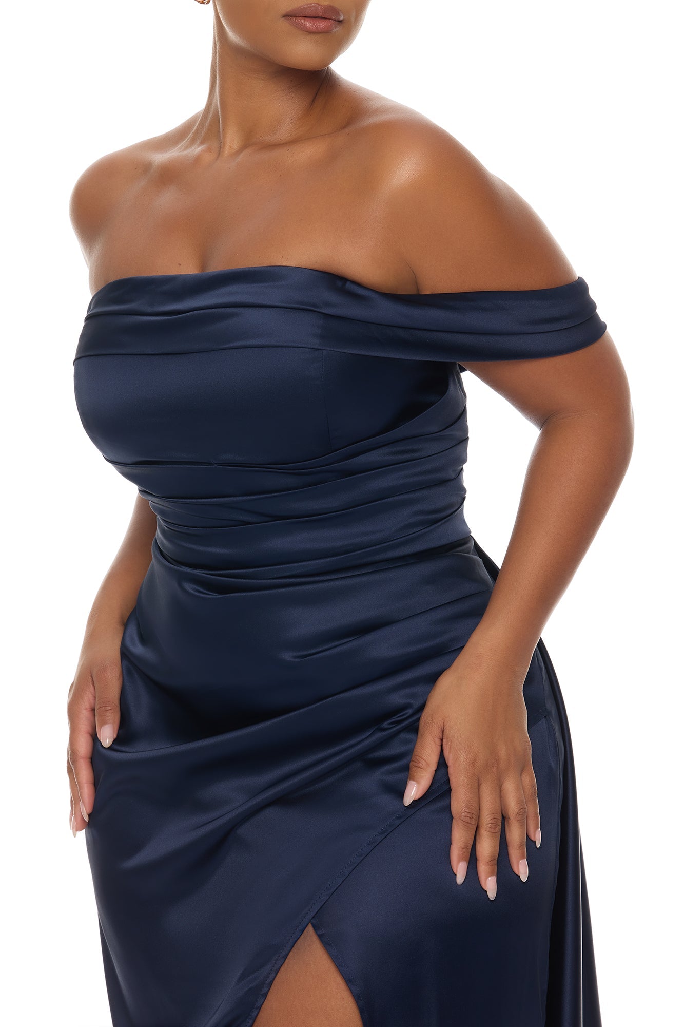 Grayson Off Shoulder Satin Maxi Dress - Navy NEWFASHIONEDGE