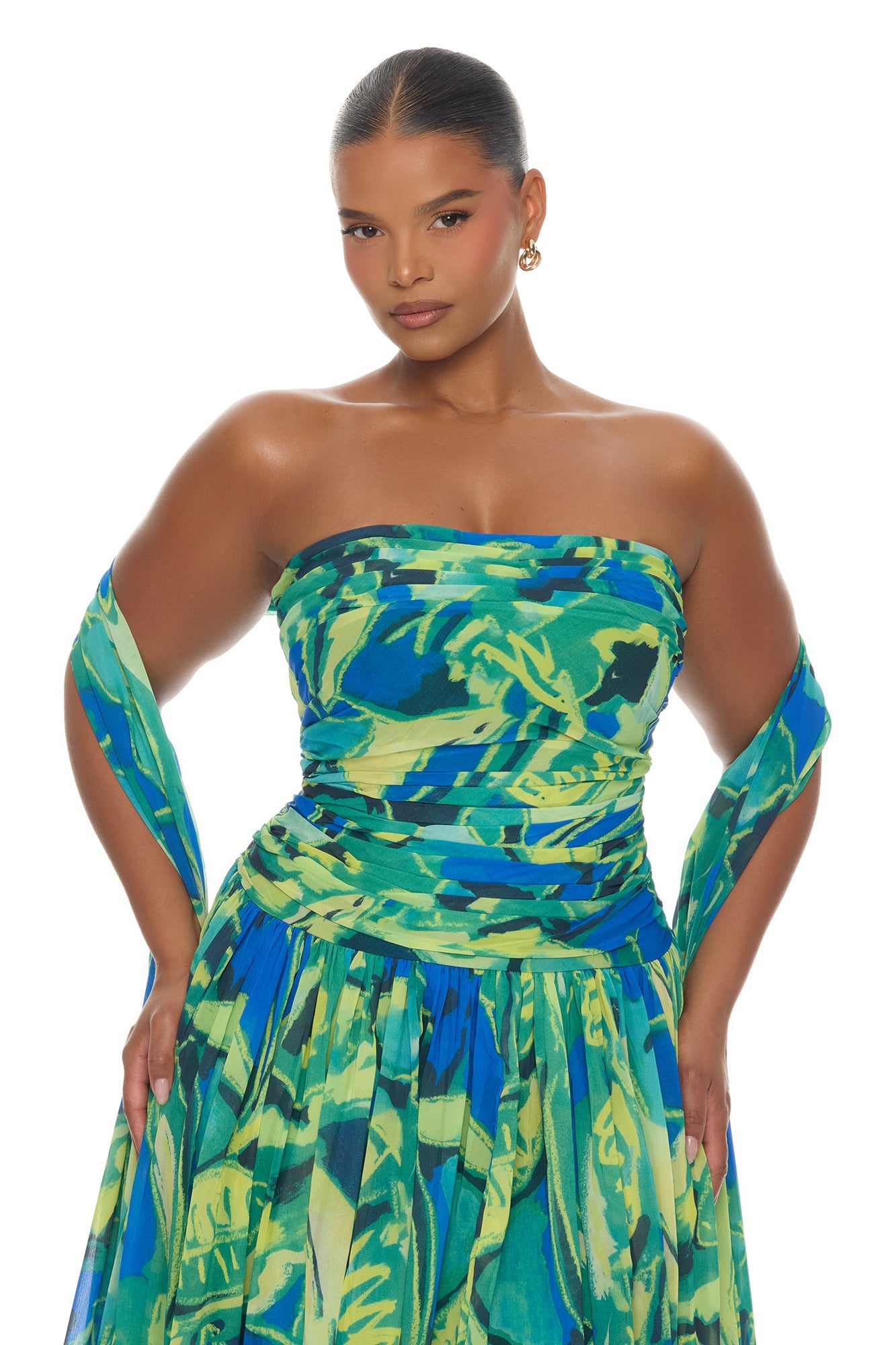 Billie Draped Scarf Chiffon Maxi Dress - Green/combo