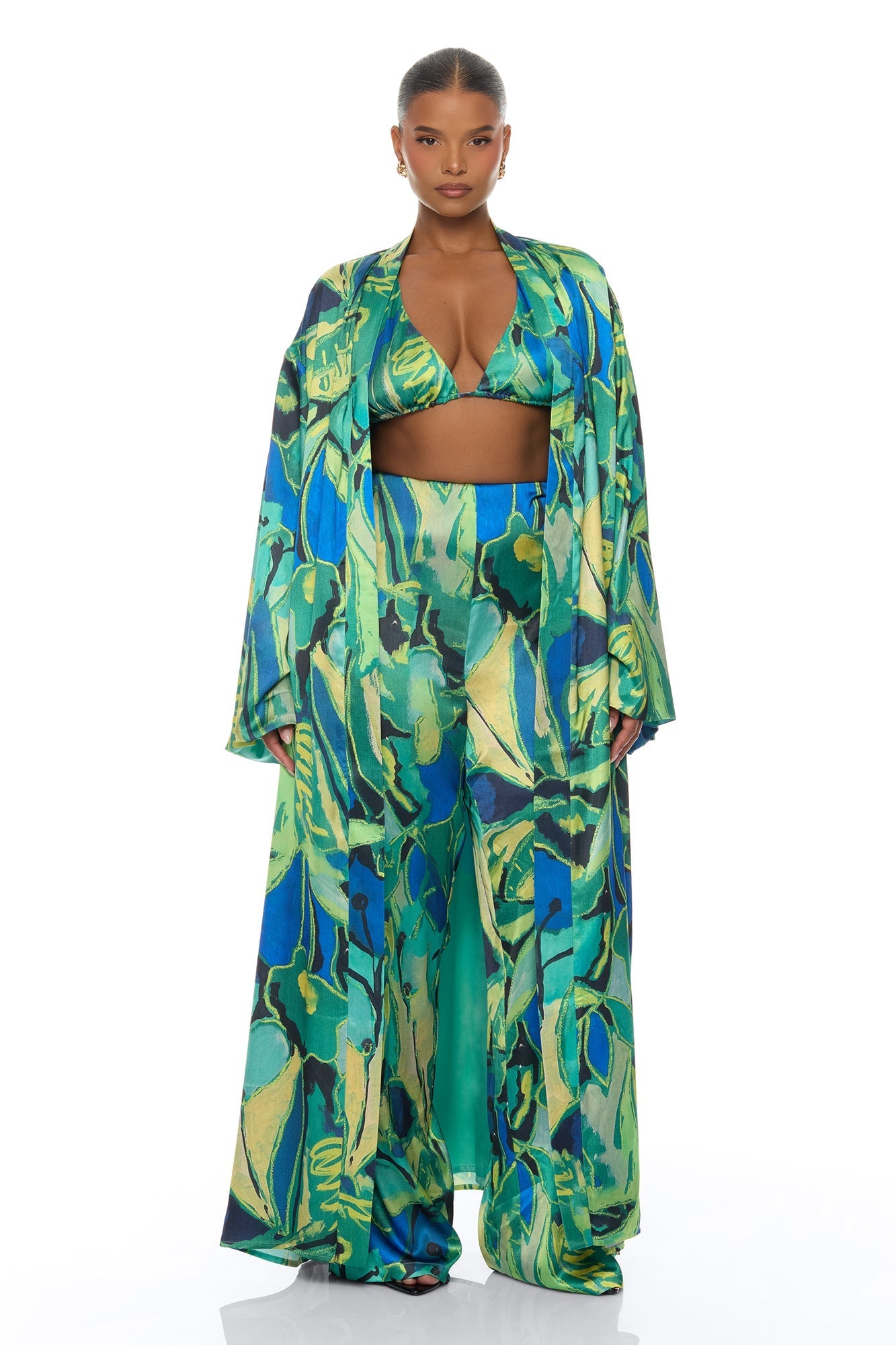 Pure Luxury 3 Piece Satin Kimono Set - Green/combo NEWFASHIONEDGE
