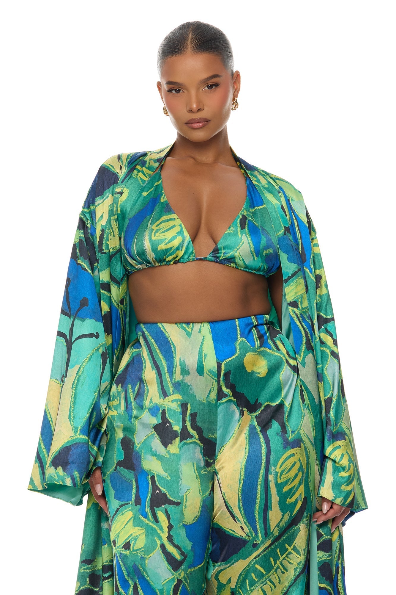 Pure Luxury 3 Piece Satin Kimono Set - Green/combo NEWFASHIONEDGE