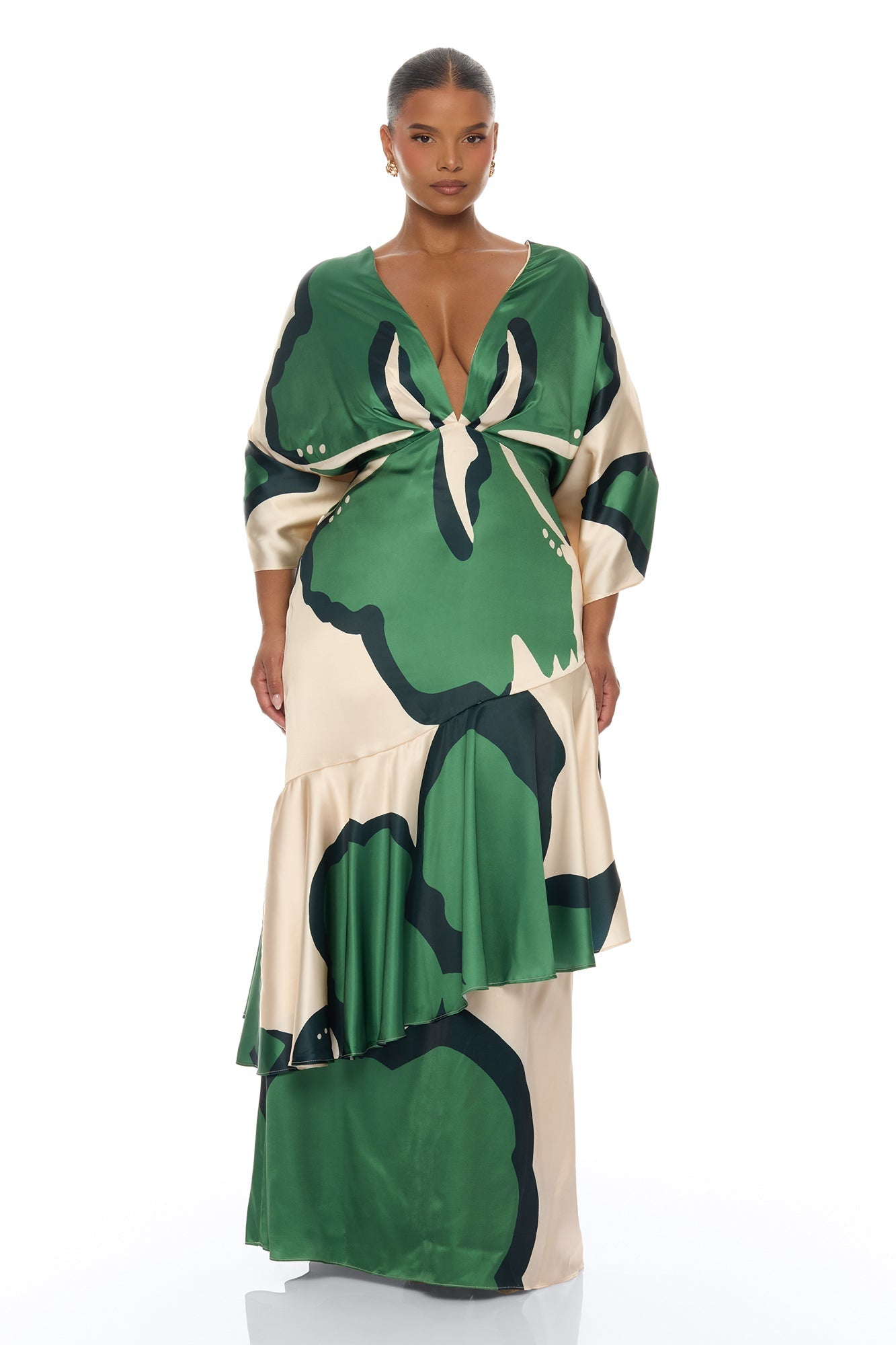 Veronika Short Sleeve Satin Maxi Dress - Green/combo
