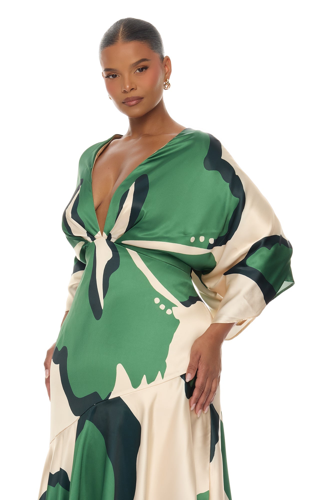 Veronika Short Sleeve Satin Maxi Dress - Green/combo