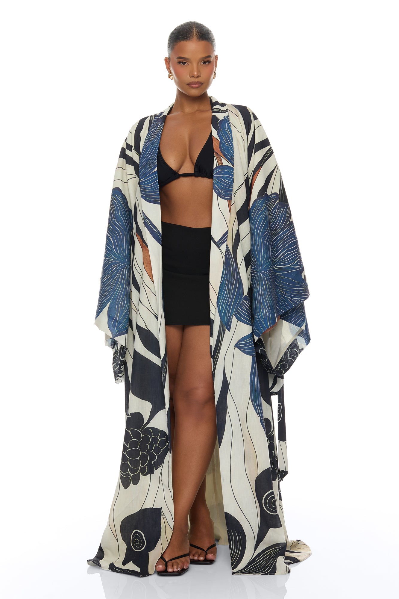 Daniella Bell Sleeve Linen Kimono - Navy/combo