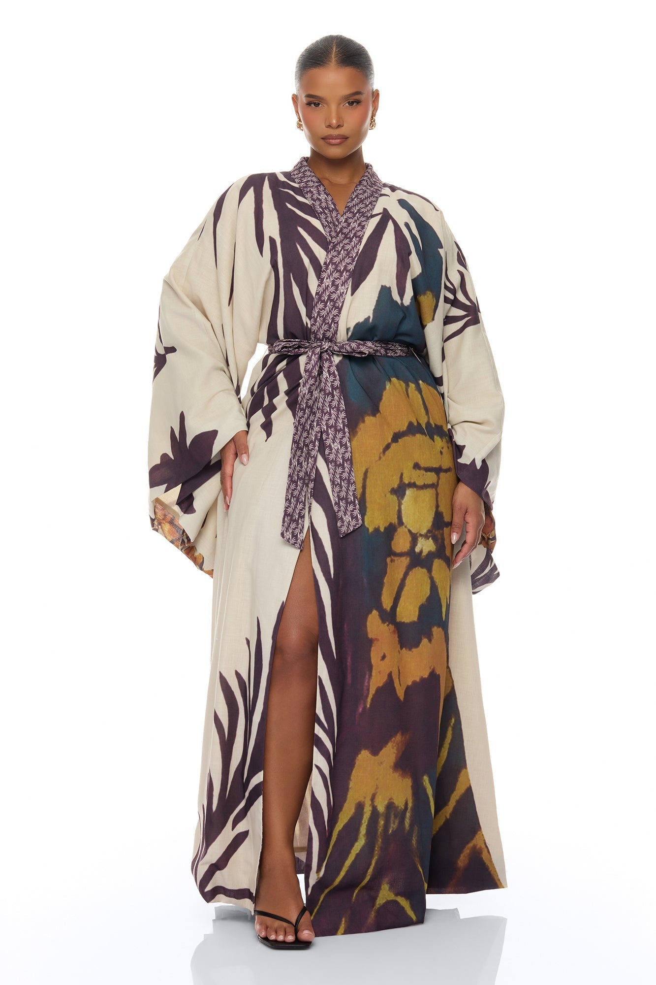 Samira Tie Waist Linen Maxi Dress - Taupe/combo NEWFASHIONEDGE