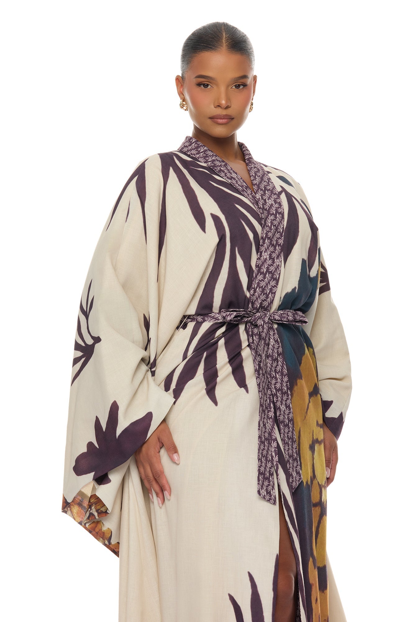 Samira Tie Waist Linen Maxi Dress - Taupe/combo NEWFASHIONEDGE