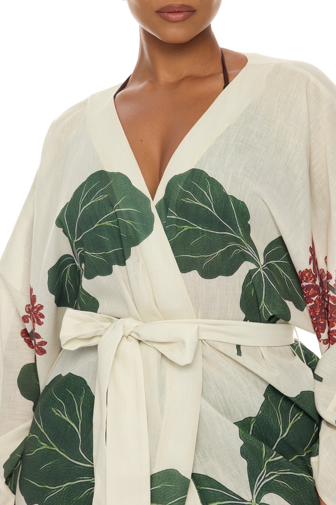 Tropic Getaway Linen Kimono - Ivory/combo NEWFASHIONEDGE