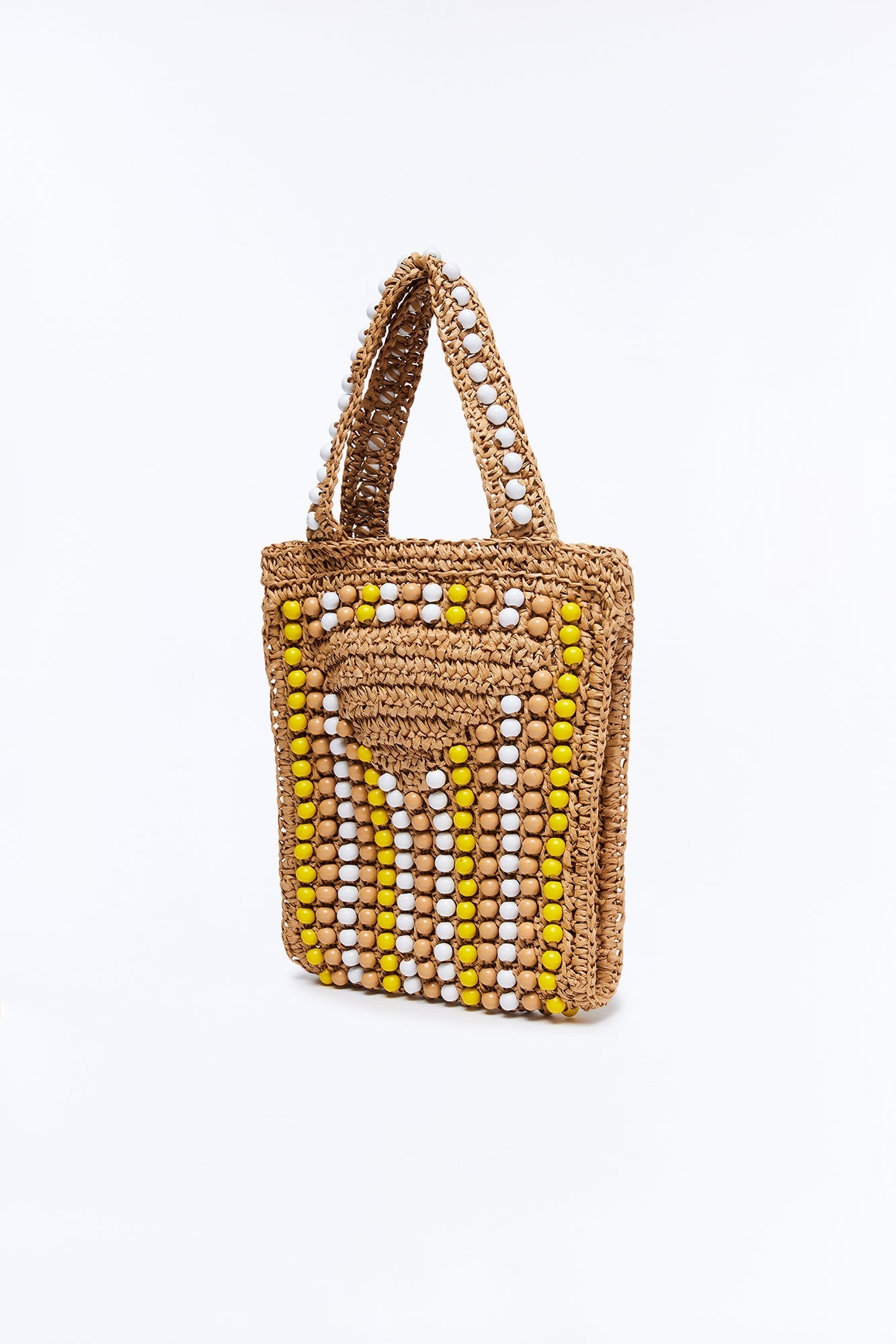 Vacation Time Straw Beaded Satchel Handbag - Yellow/combo