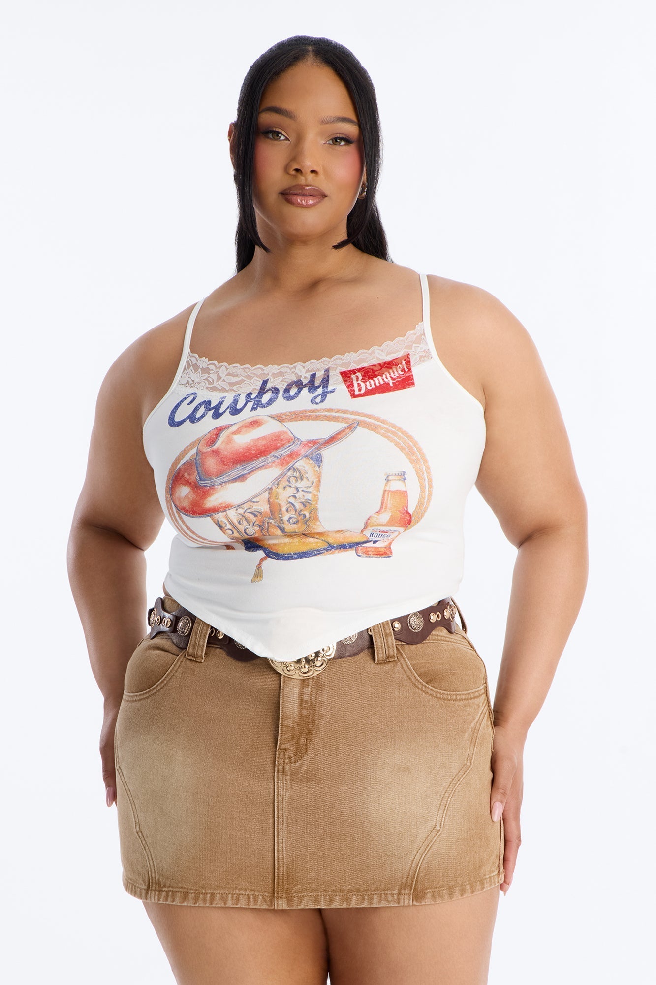 Cowboys Have Fun Lace Trim Tank Top - White/combo