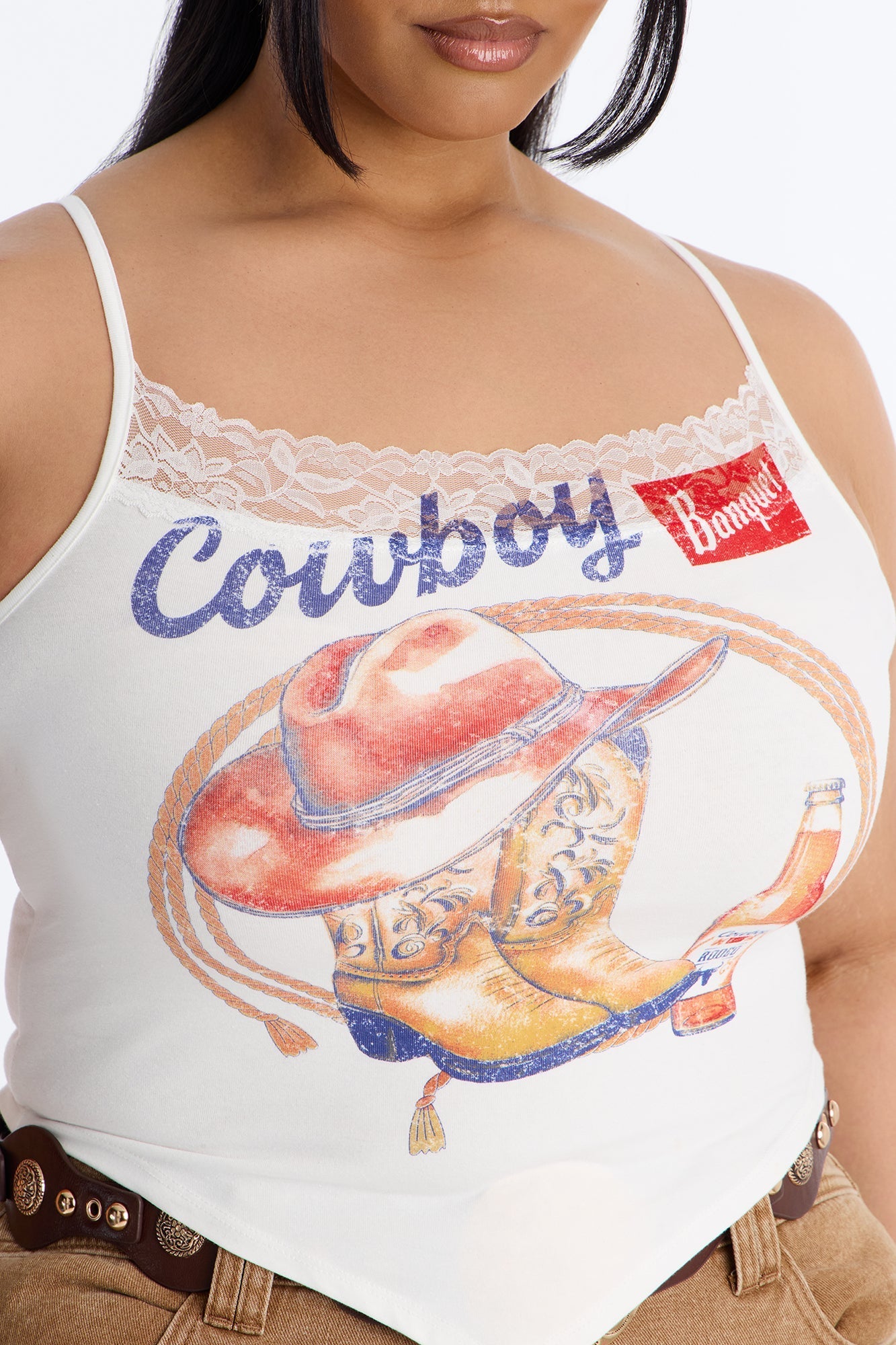 Cowboys Have Fun Lace Trim Tank Top - White/combo