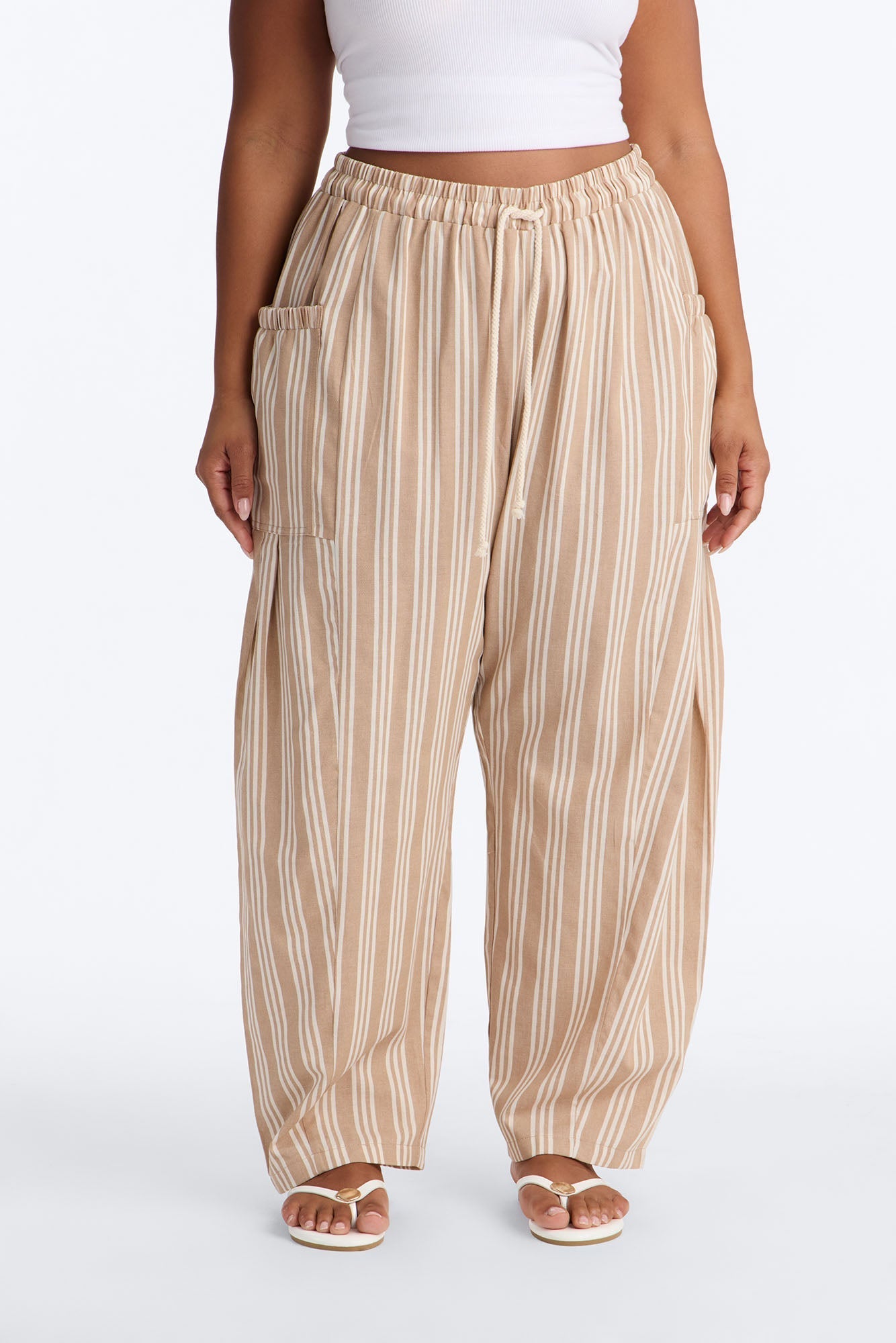 Coastal Barrel Leg Striped Pants - Taupe