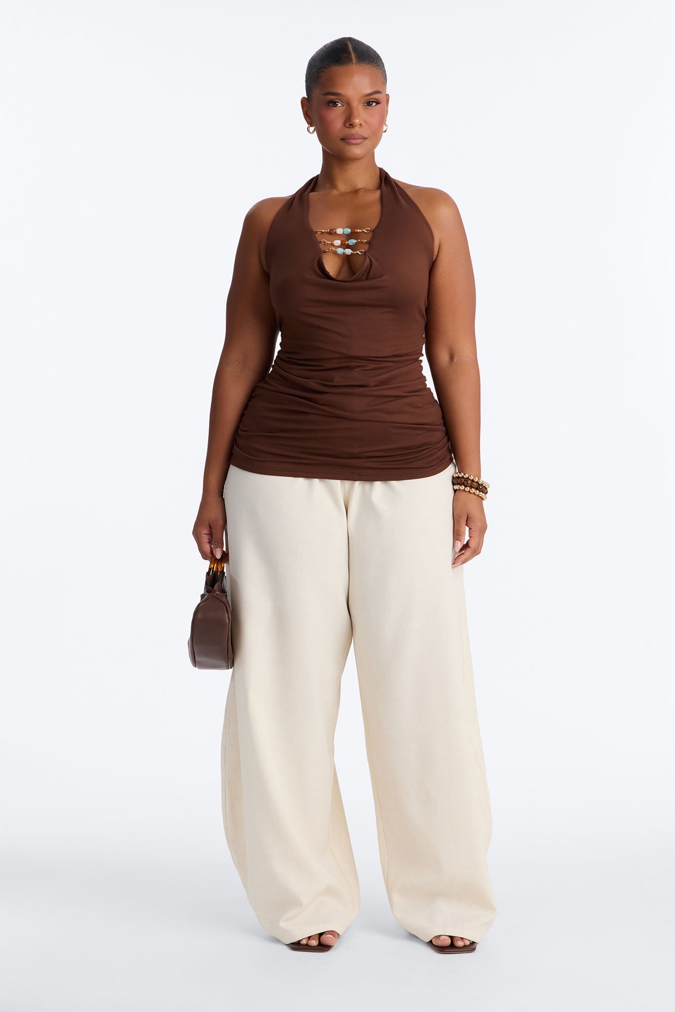 Cabo Nights Beaded Cowl Neck Halter Top - Brown