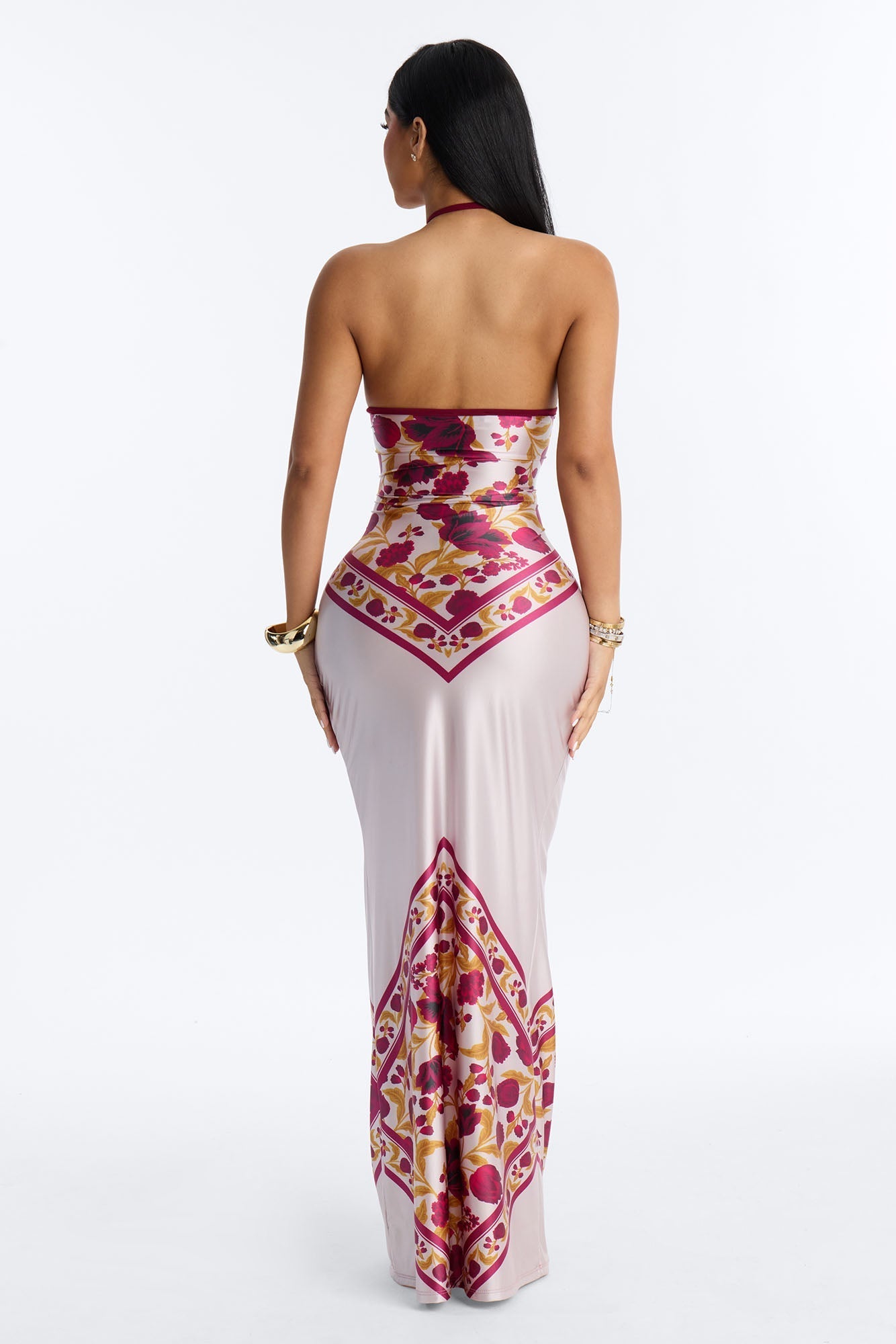 Dina Floral Satin Maxi Dress - Burgundy/combo