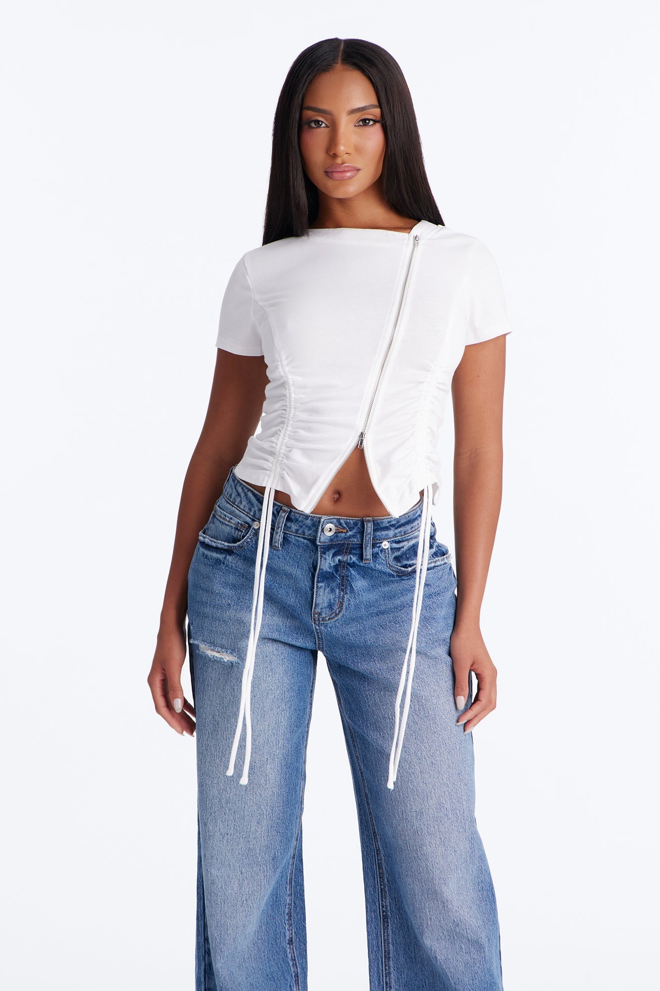 Unzip Me Ruched Short Sleeve Top - White