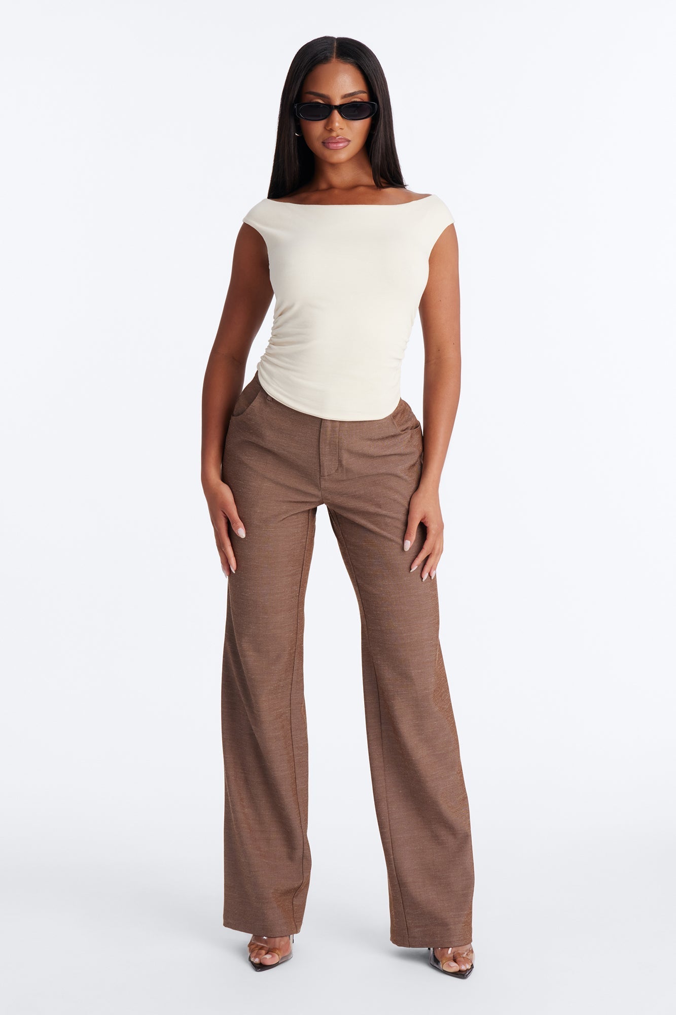 Boat Neck Baby Tee With Side Ruching - Ivory