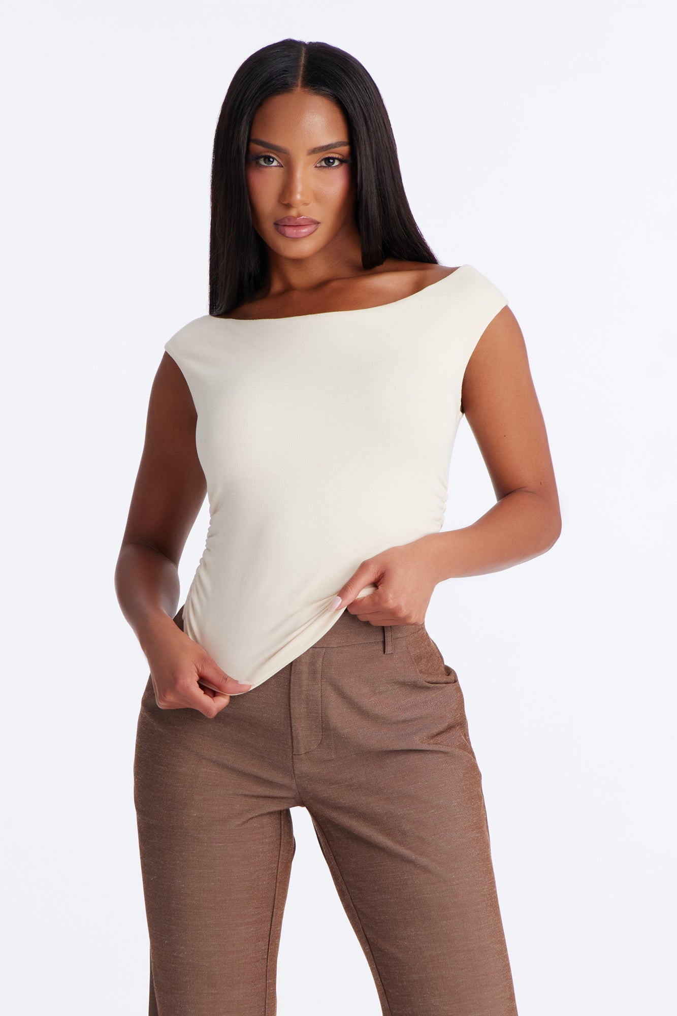 Boat Neck Baby Tee With Side Ruching - Ivory