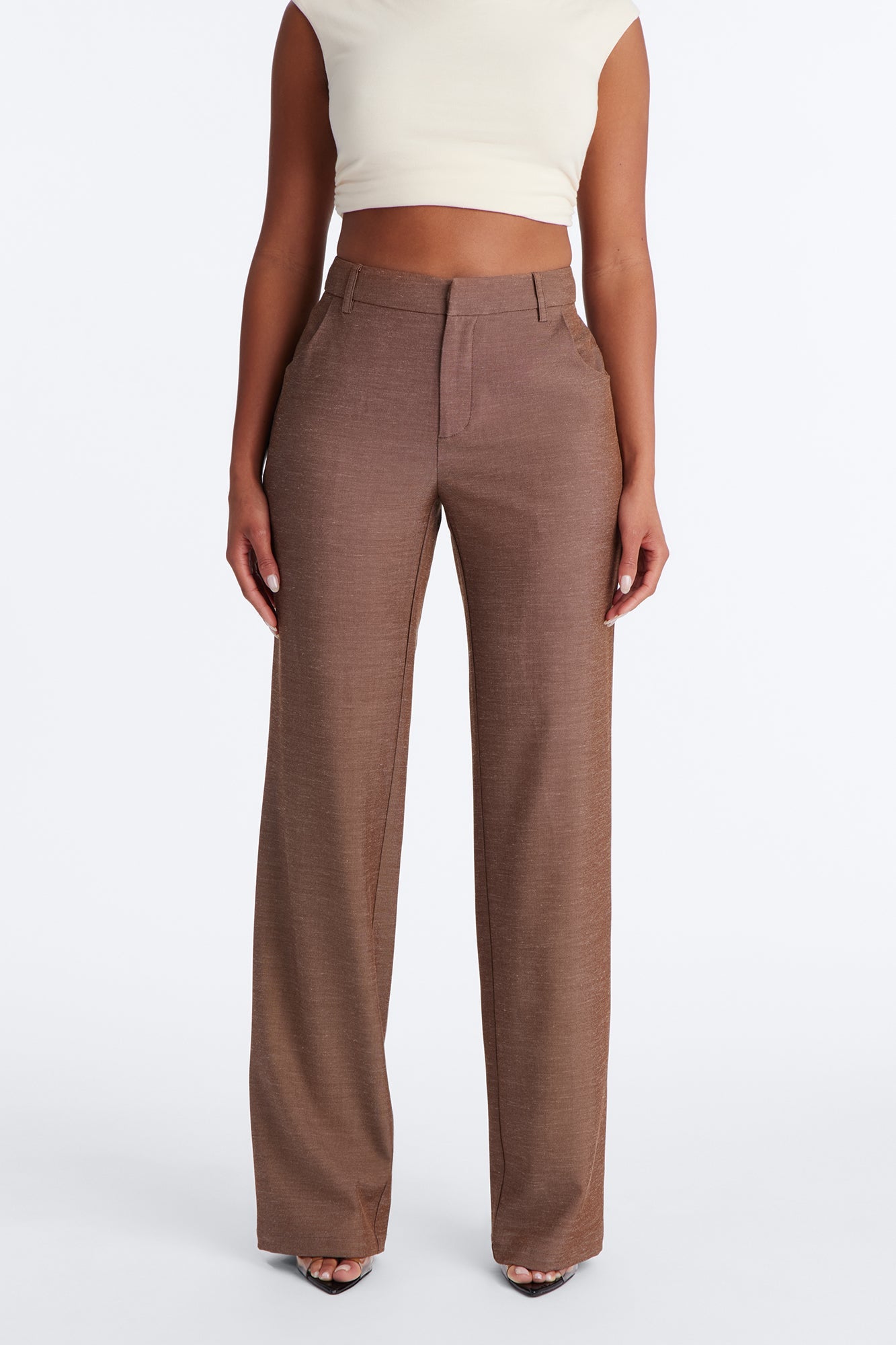 Stacy Low Rise Straight Leg Linen Trouser - Brown NEWFASHIONEDGE