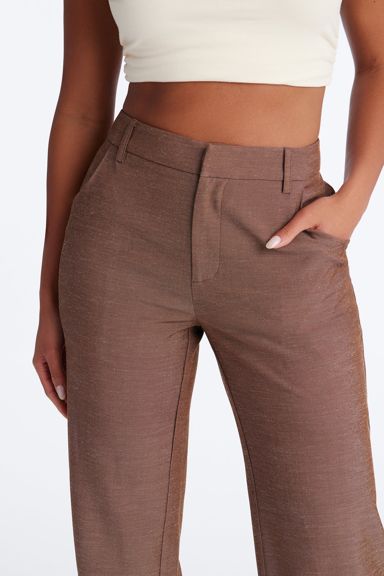 Stacy Low Rise Straight Leg Linen Trouser - Brown NEWFASHIONEDGE