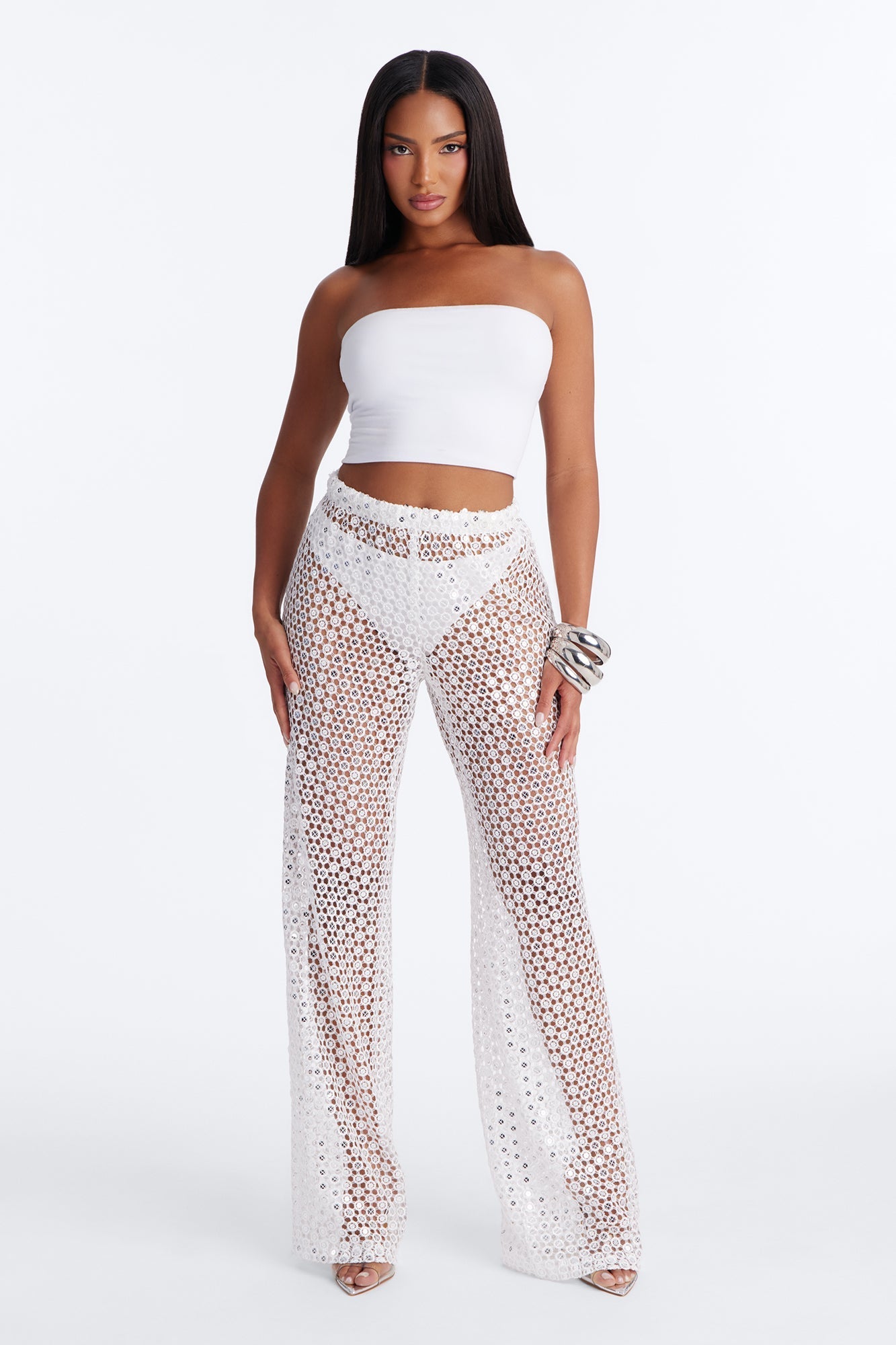 Zuri Low Rise Crochet Sequin Wide Leg Pant - White NEWFASHIONEDGE