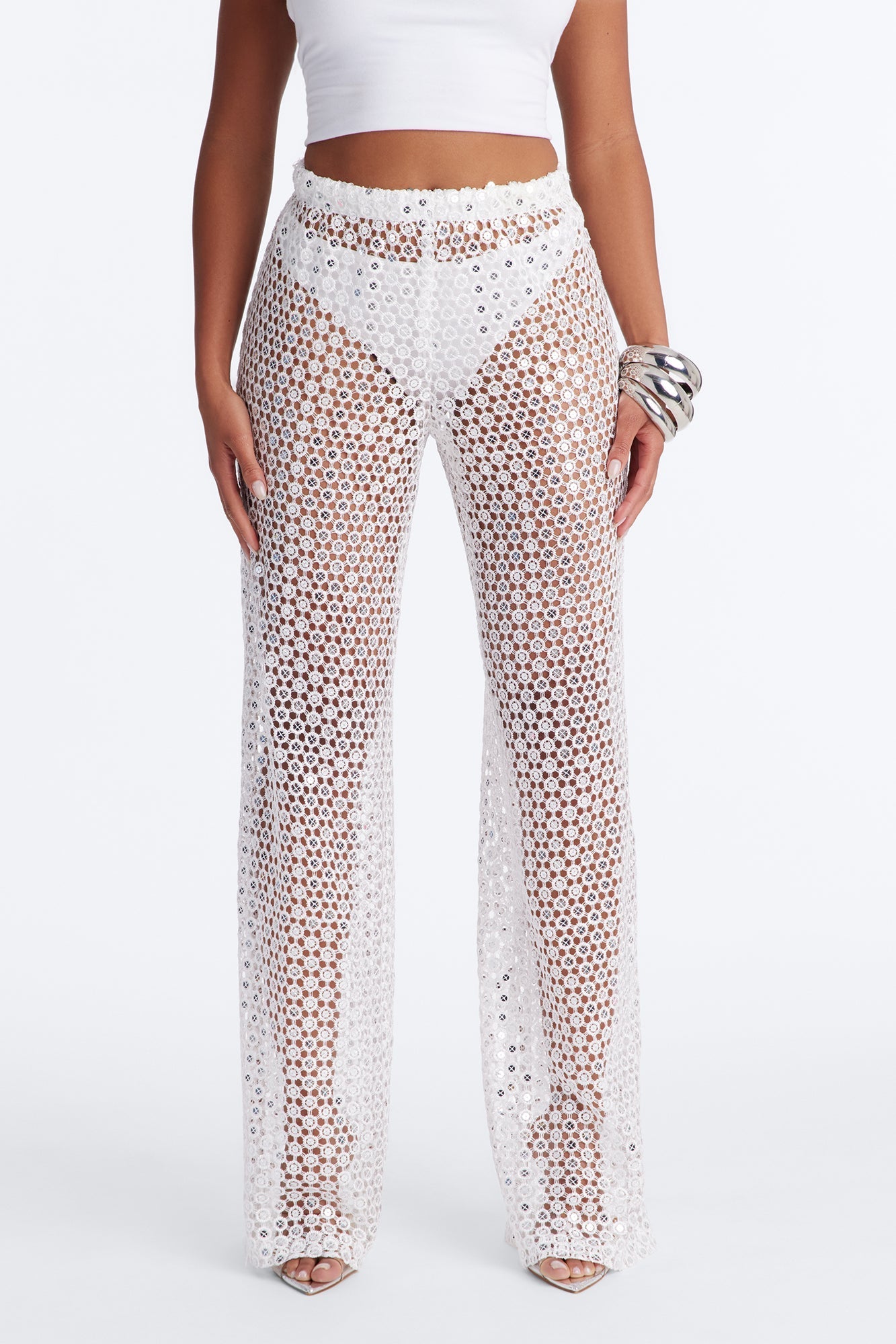 Zuri Low Rise Crochet Sequin Wide Leg Pant - White NEWFASHIONEDGE