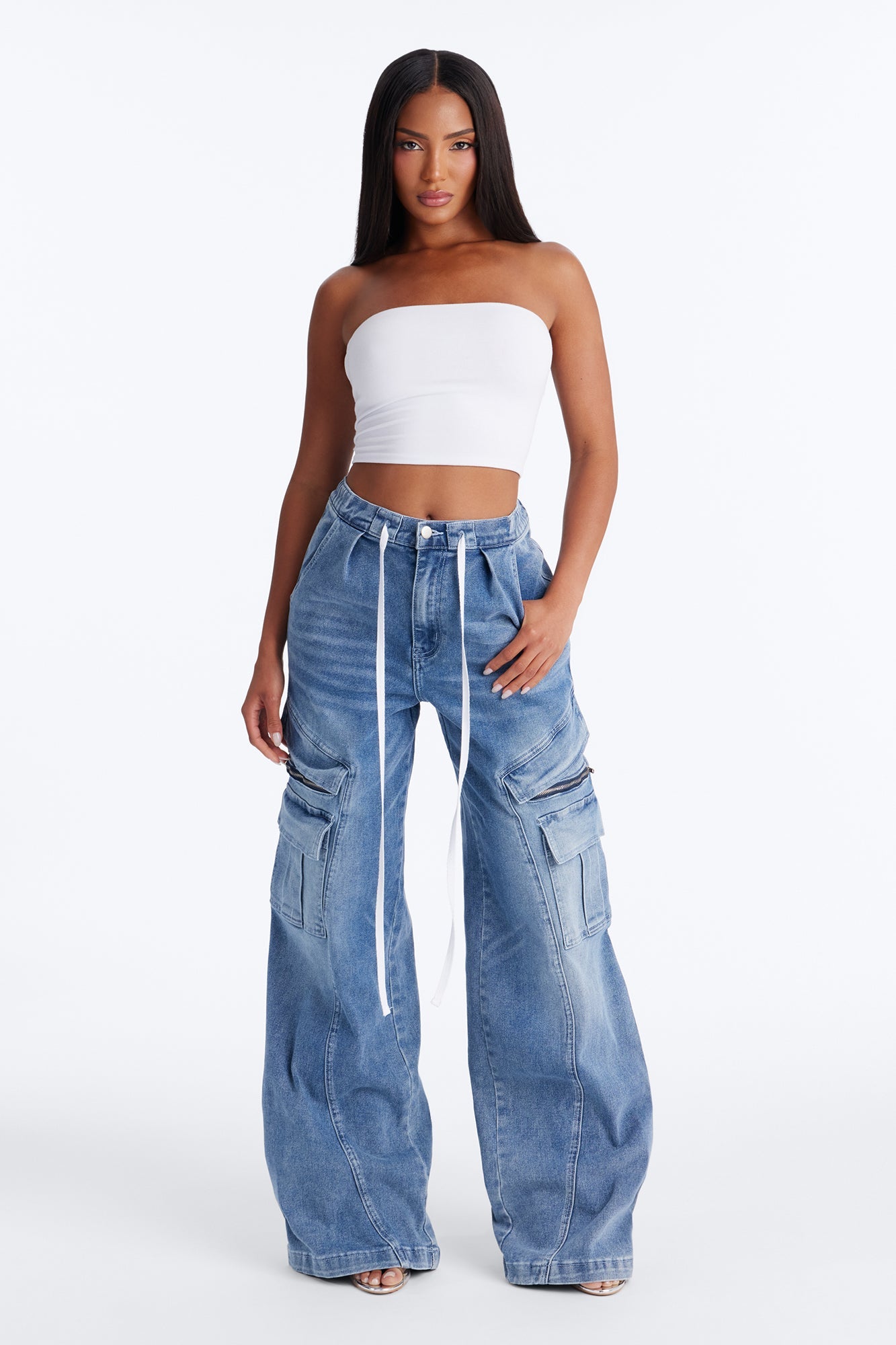 Ask About Me Tie Waist Cargo Wide Leg Jeans - Medium Wash