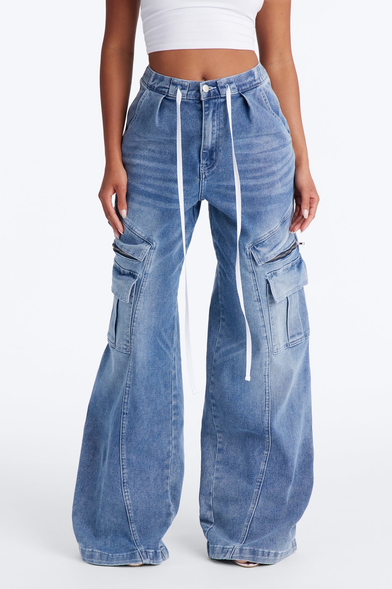 Ask About Me Tie Waist Cargo Wide Leg Jeans - Medium Wash
