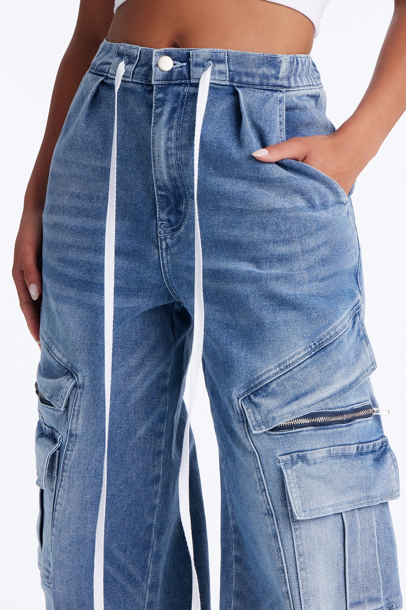 Ask About Me Tie Waist Cargo Wide Leg Jeans - Medium Wash
