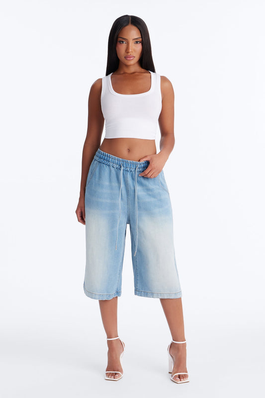 The Most Chill Tie Waist Denim Jorts - Vintage Wash NEWFASHIONEDGE