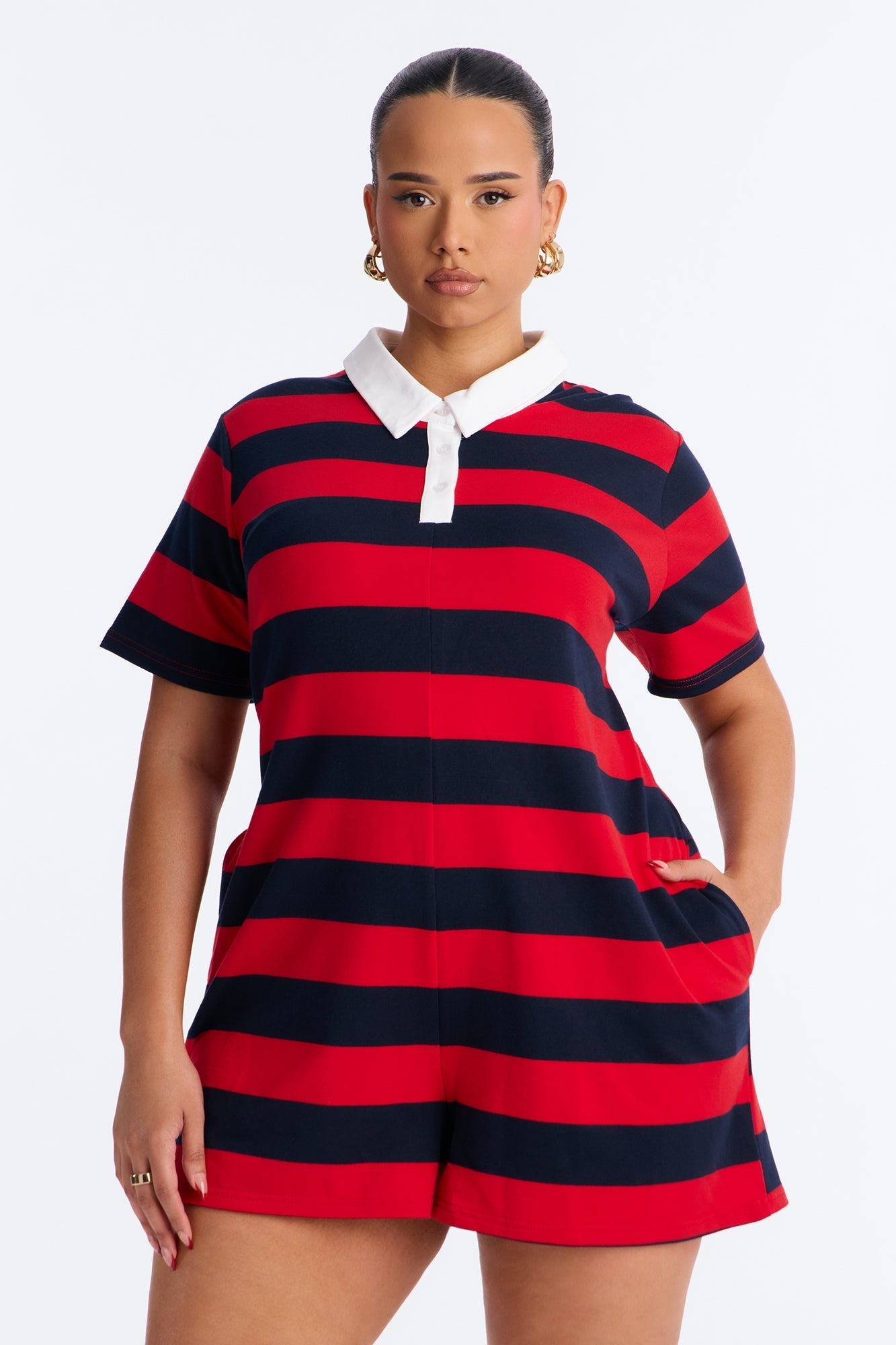 Bailey Striped Polo Romper - Burgundy