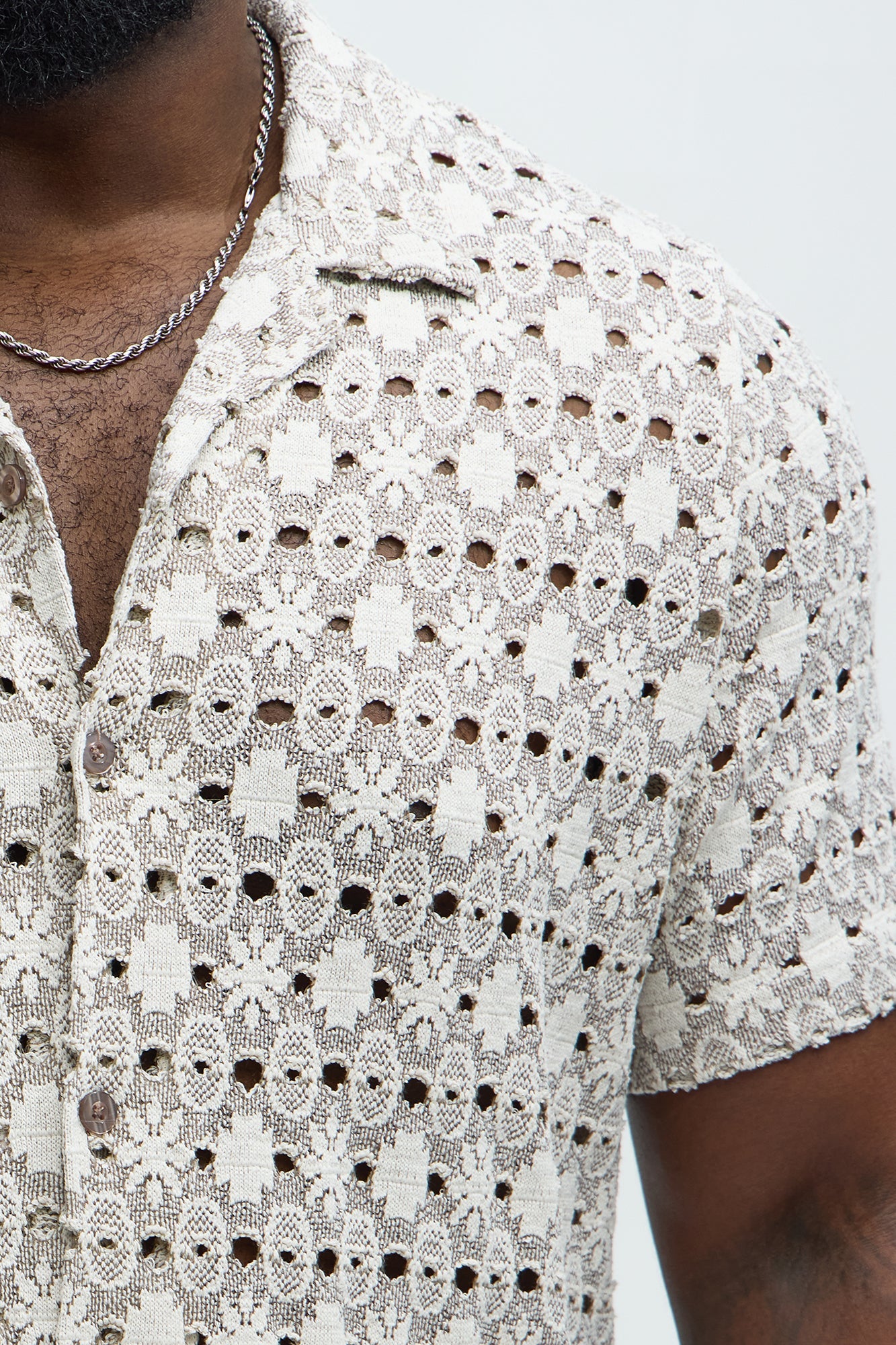Patterned Open Knit Button Down Shirt - Cream/combo