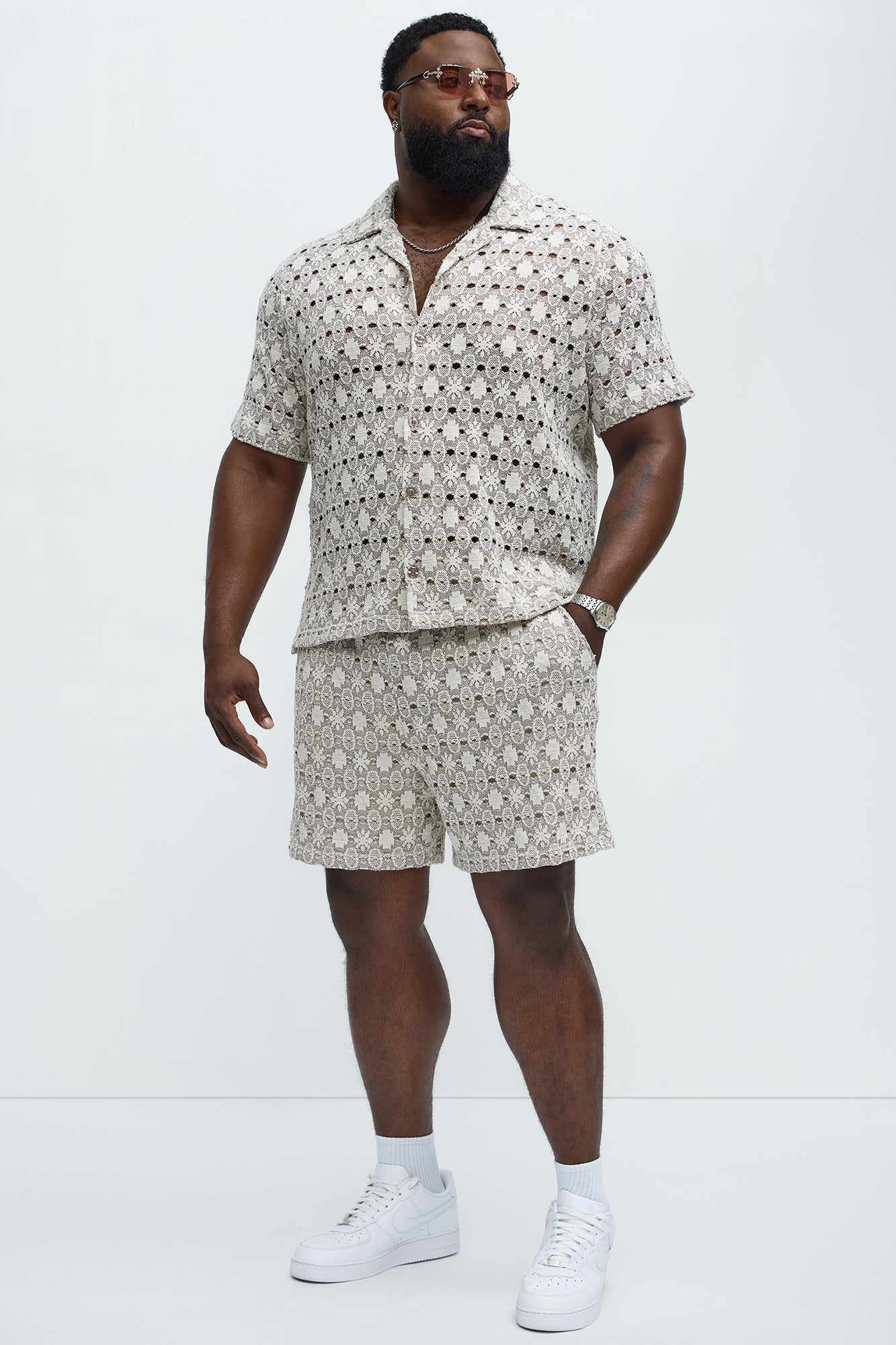 Patterned Open Knit Button Down Shirt - Cream/combo