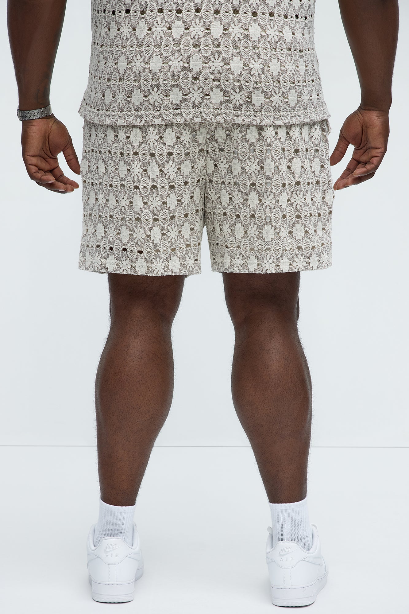 Patterned Open Knit Shorts - Cream/combo