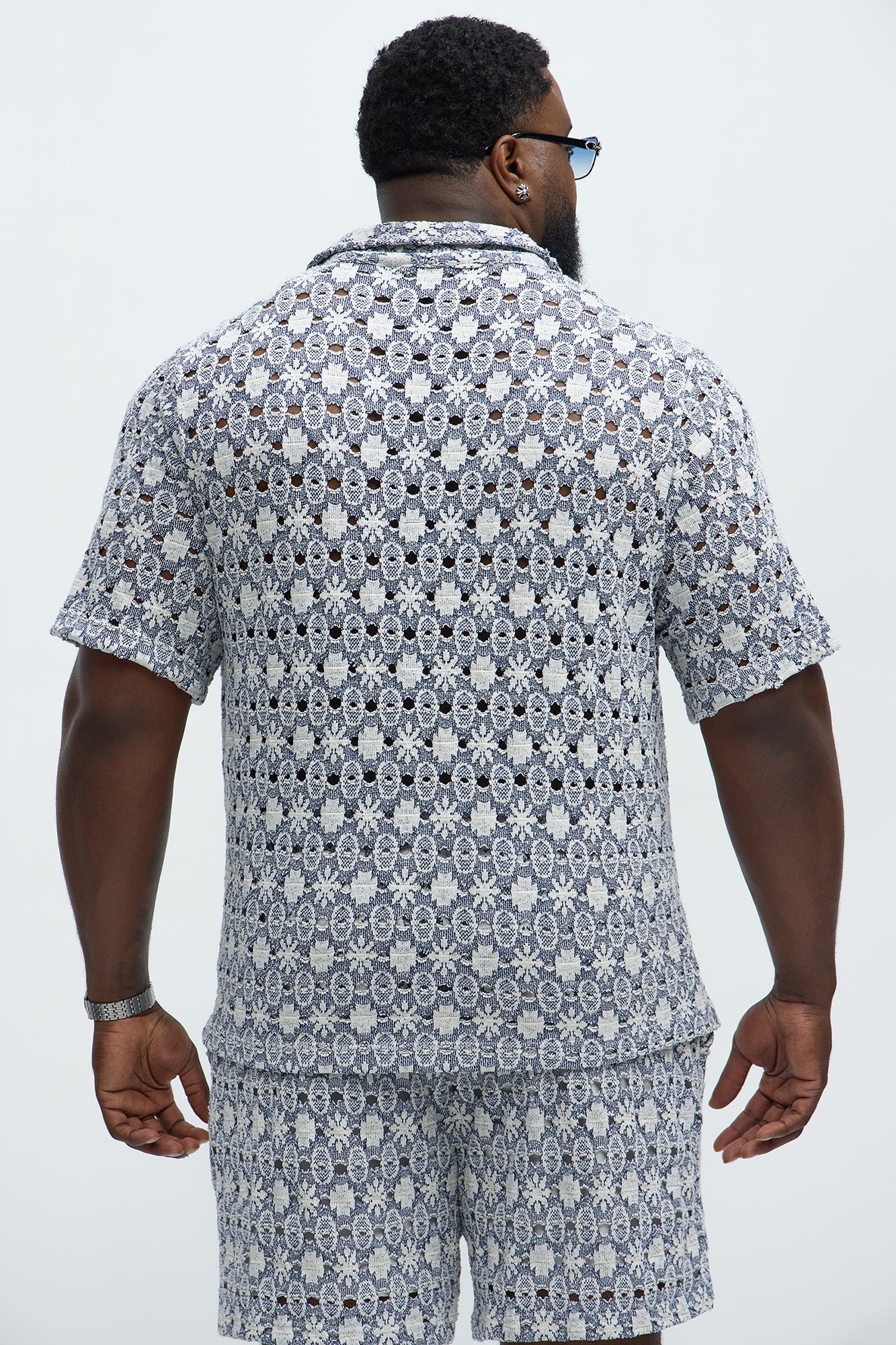 Patterned Open Knit Button Down Shirt - Blue/combo