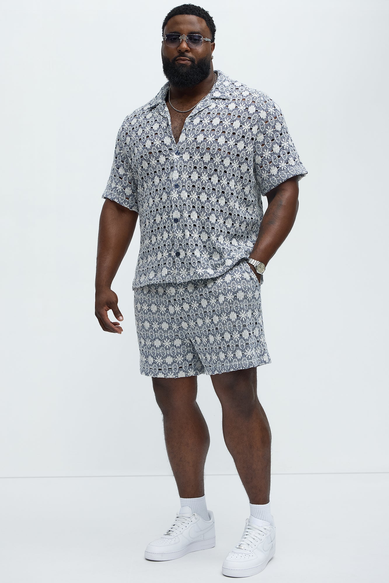 Patterned Open Knit Shorts - Blue/combo
